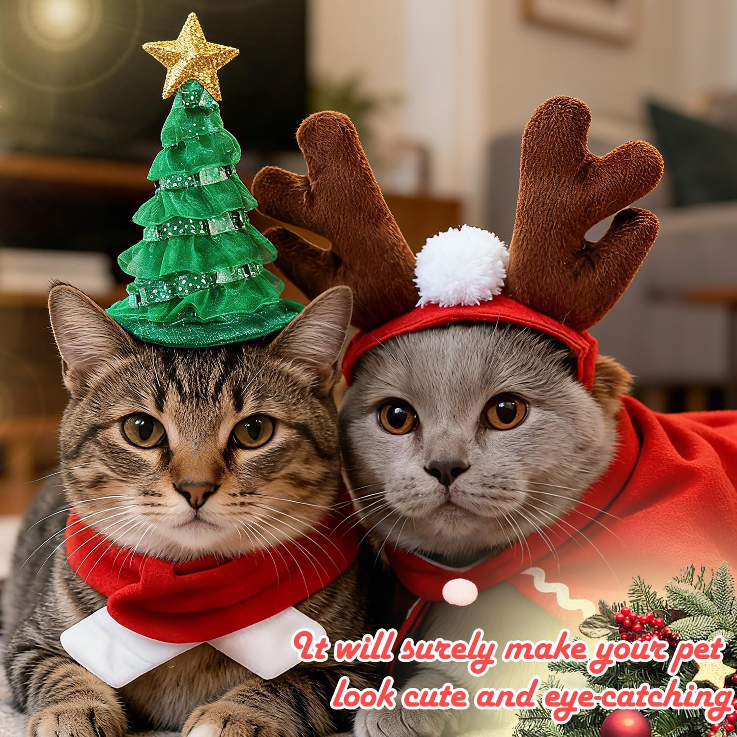 Christmas Cat Clothing, Pack of 4 Pet Christmas Costume Accessories, Cats Christmas Hat and Scarf, Funny Antlers, Christmas Hats, Adjustable Cape, Scarf, for Dogs, Cats image number 2