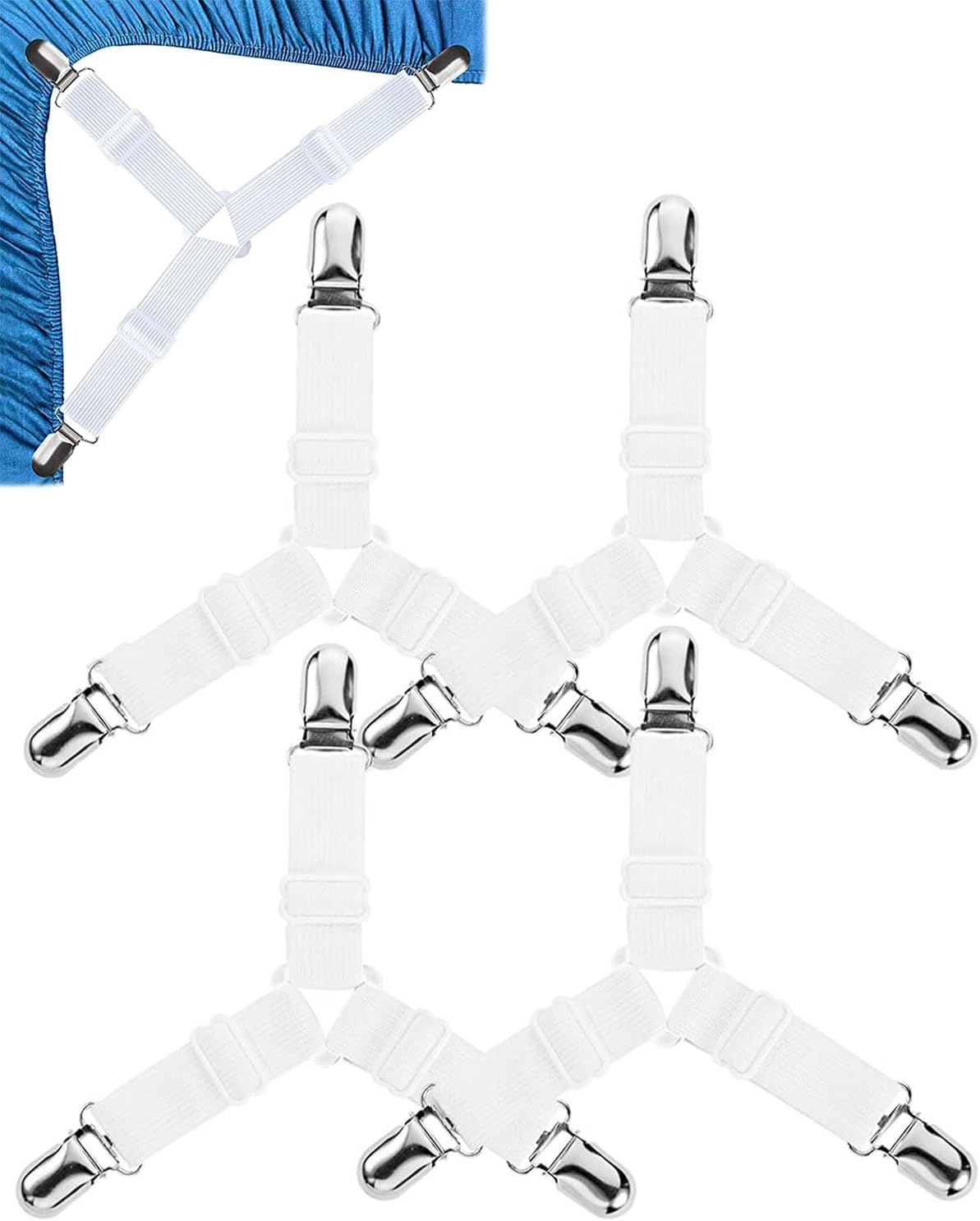 JUKOTA Bed Sheet Tensioners, Pack of 4 Adjustable Bed Sheet Tensioners, Elastic Bed Sheet Tensioners, Fitted Sheet Tensioners, Bed Sheet Tensioners, Bed Sheet Tensioners with Clip for Bed Linen image number 1