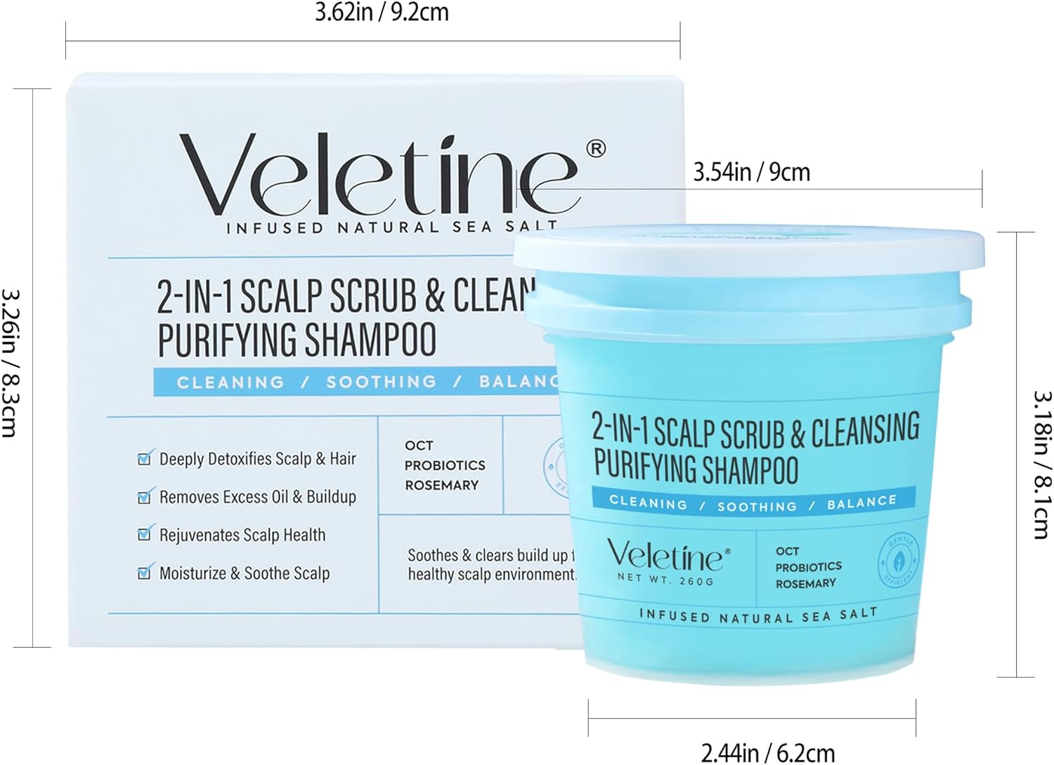 Veletine Scalp Treatments,Cleasing Scalp Cream,Purifying Scalp Scrub,2-In-1 Scalp Scrub & Cleansing Shampoo,With Scalp Massage Brush（260G） image number 2