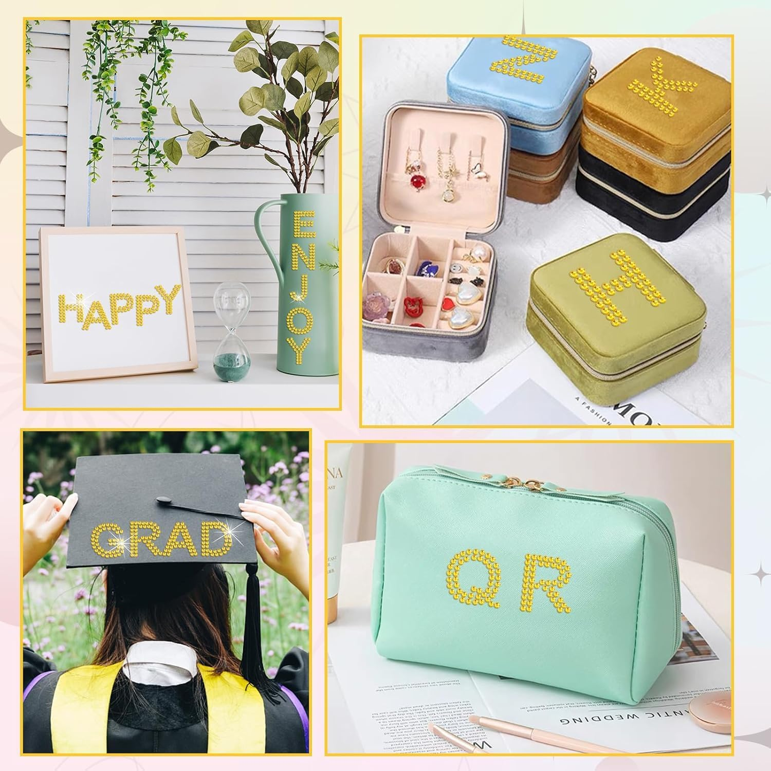 Wzenclave 6 Sheets Rhinestone Letters Stickers, Glitter Self Adhesive Diamond Alphabet Stickers Crystal Gem Border Sticker,Diy Decorative Self-Adhesive Sticker, Used for Suitcases, Books, Clothing image number 4