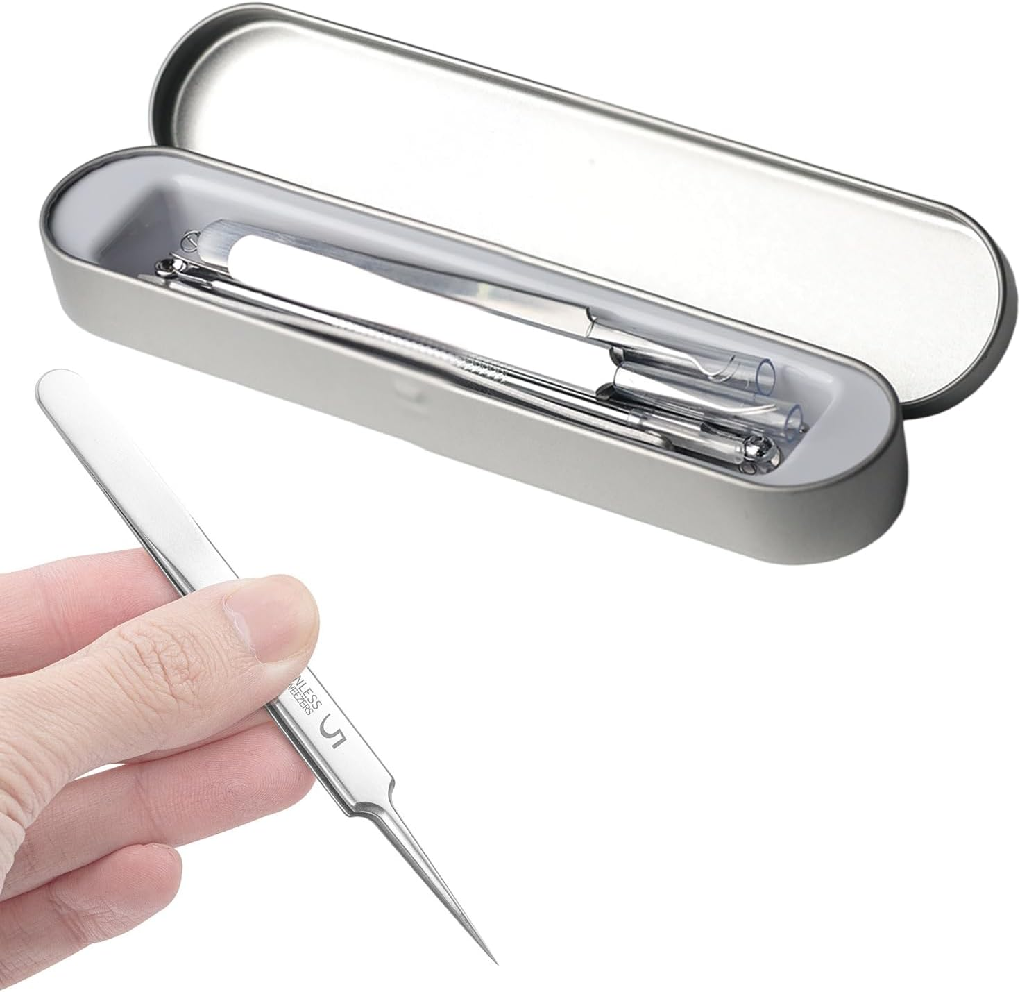 Aiokuo 15-Piece Blackhead Remover Tool Kit with Mirror &ndash; Stainless Steel Pimple Extractor Set with Metal Storage Case, Facial Care Tools for Removing Blackheads and Whiteheads (Silver) image number 1