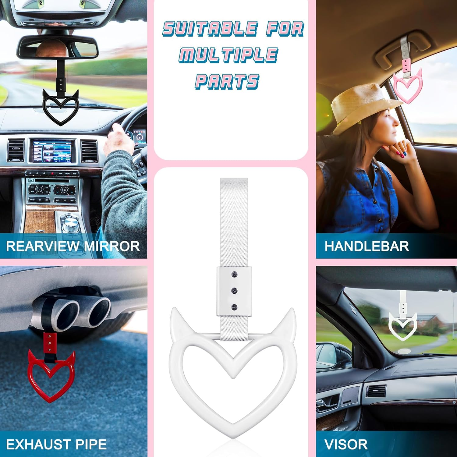 Fabbay 4 Pieces Heart Shaped Car Handle Straps Hang Ring Rear Bumper Warning Ring Decorative Subway Train Bus Handle Hand Strap Drift for Car Interior(Black, White, Red, Pink, Devil) image number 3