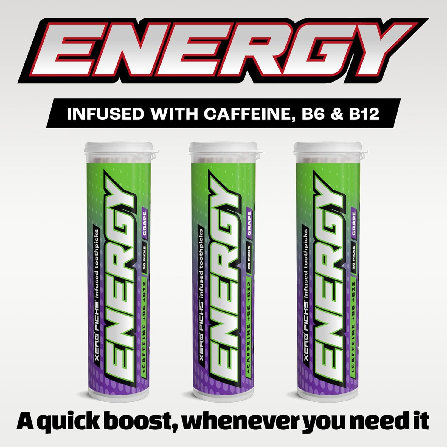 Xero Picks Energy Infused Flavored Toothpicks with Caffeine, B12 and B6-60 Picks (3 Pack) (Grape) image number 4