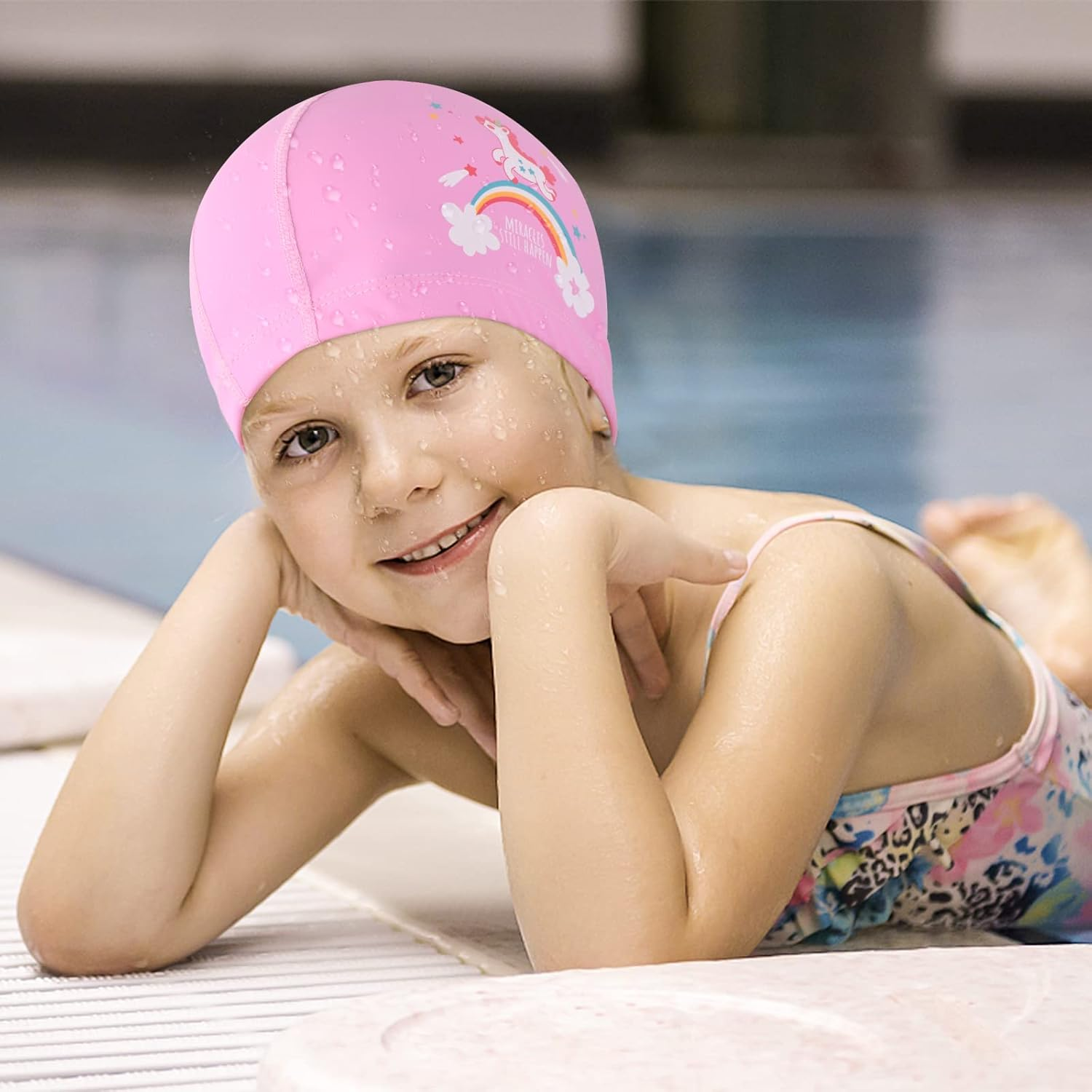 Kids Swim Cap, Waterproof Children Swimming Cap, Pu Coating, Cute Children Cartoon Swimming Hat Durable Bathing Caps, Stretchable and Comfortable Swimming Hats, for Boys Girls image number 3