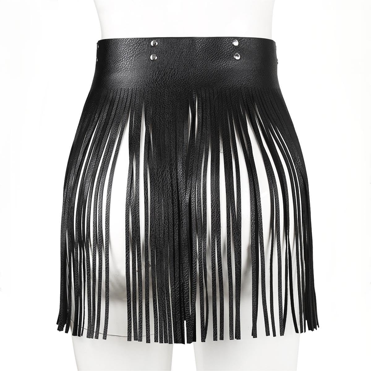 Pu Leather Fringe Skirt Waist Belt，Black Adjustable Rock Style Belt for Women'S Dance Performance Costumes,Punk Waist Belt Skirt for Rave Party Summer Beach Belts Hip Scarf image number 2