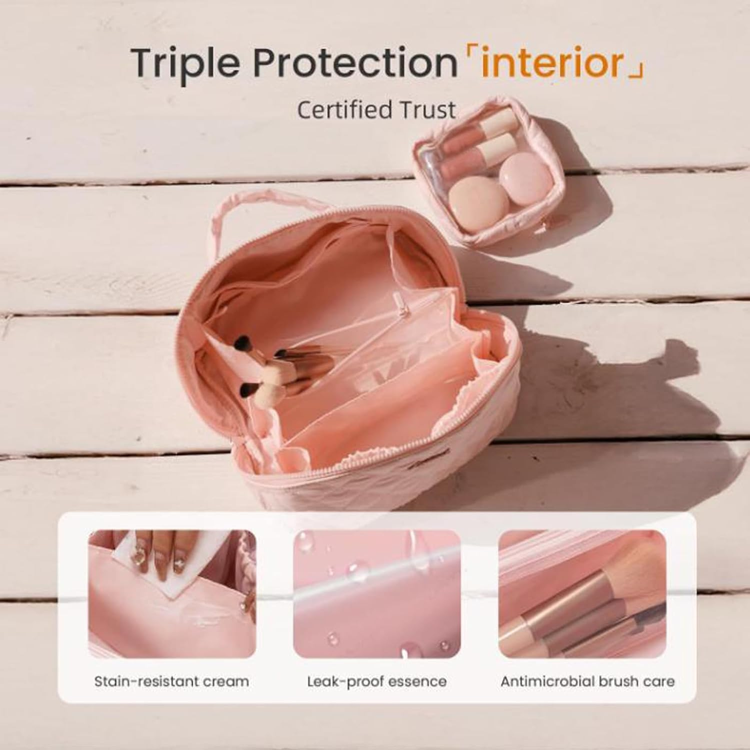 2 Pack Travel Makeup Bag Set with Clear Pouch, Women'S 180&deg; Lay-Flat Waterproof Cosmetic Organizer with Multi-Compartment, Large Capacity Toiletry & Brush Case for Daily Use and Travel (Pink) image number 5