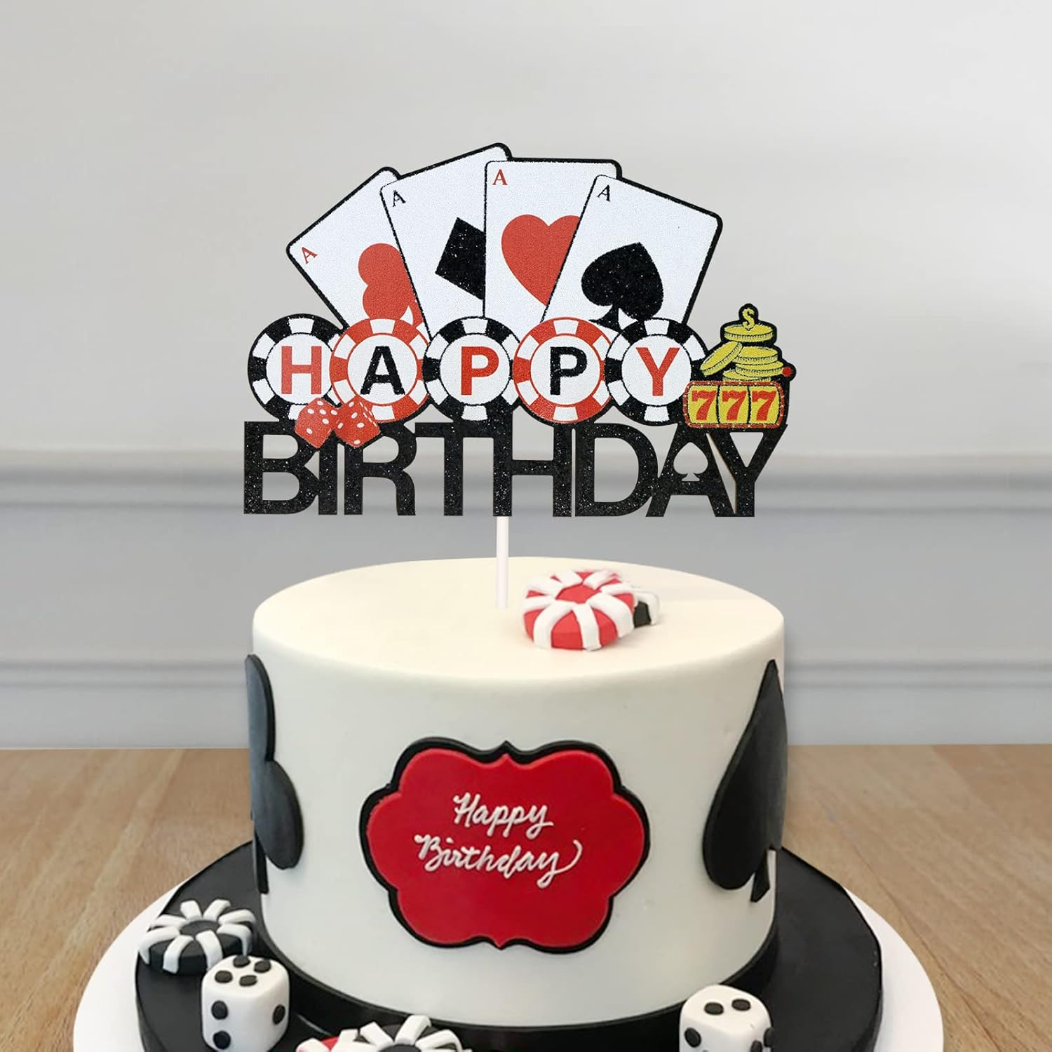 Casino Happy Birthday Cake Topper, Poker Theme Birthday Cake Decor, Las Vegas Party Supplies, Pre-Assembled, Double-Sided Glitter image number 5