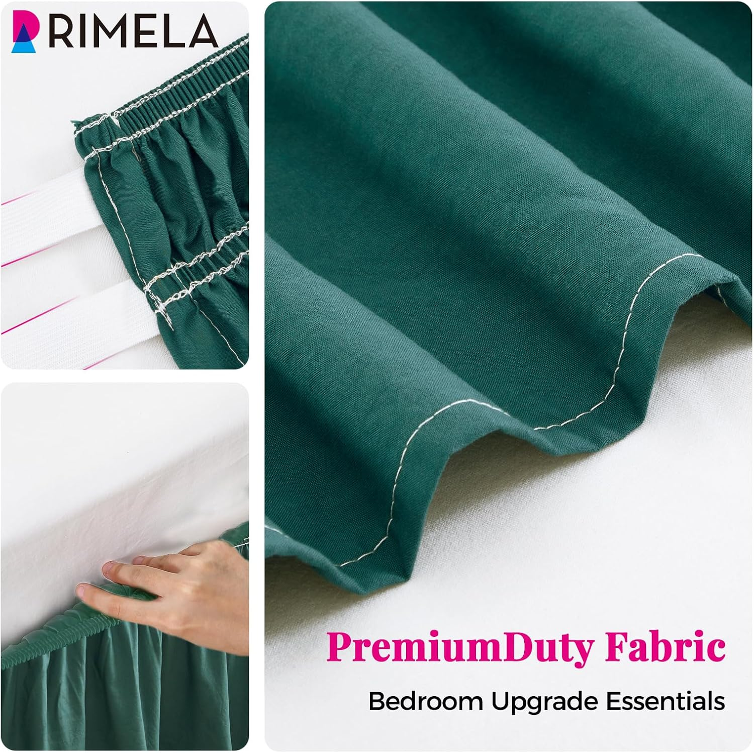RIMELA Emerald Green Bed Skirt Queen Size 18 Inch Drop, Wrap around Elastic Bedskirt, Dust Ruffle for Adjustable Bed Base Machine Washable Easy to Install Bed Skirts