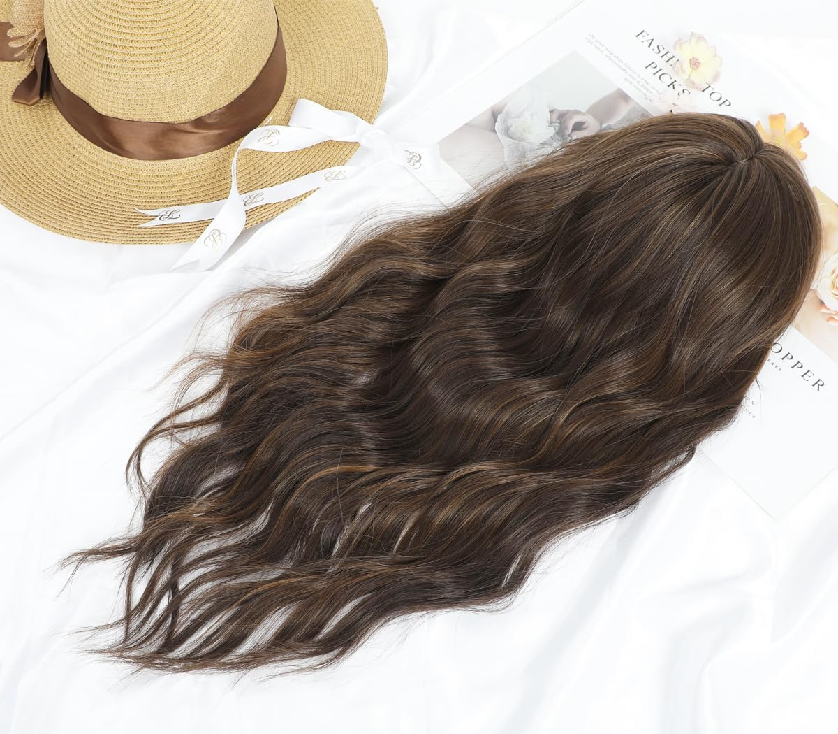 VEGALILY 20Inch Hair Topper, 7X7" Base Size Wavy Hair Topper for Women, Handmade Natural Hairline Hair Toppers Fake Hairpieces for Women (Brown with Highlights)