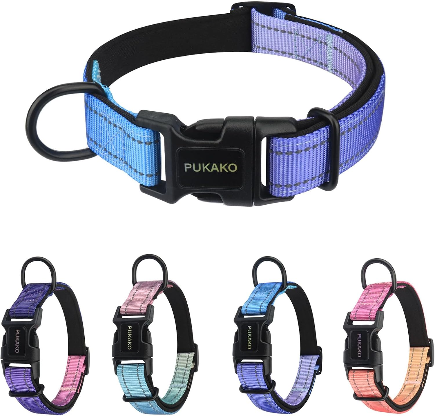 PUKAKO Reflective Dog Collar, Adjustable Soft Neoprene Padded Nylon Pet Collars with Buckle for Small Medium Large Dogs Girl, Blue Gradient, L