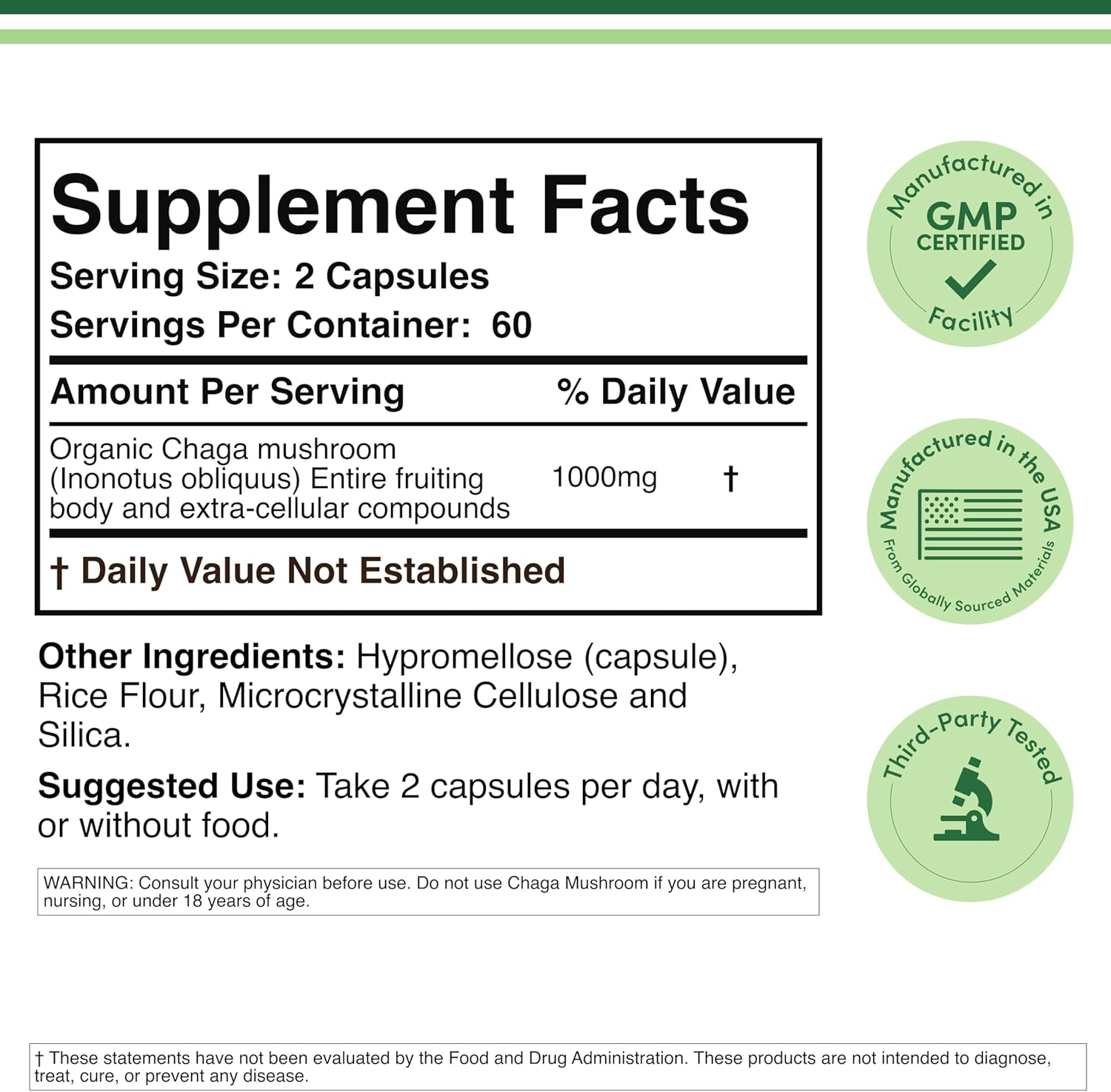 Chaga Mushrooms Capsules 120 Count (1,000Mg per Serving) High in Polysaccharides, Beta Glucans, and Terpenoids - Grown and Made in the USA, Vegan Safe, Organic by Double Wood Supplements image number 2