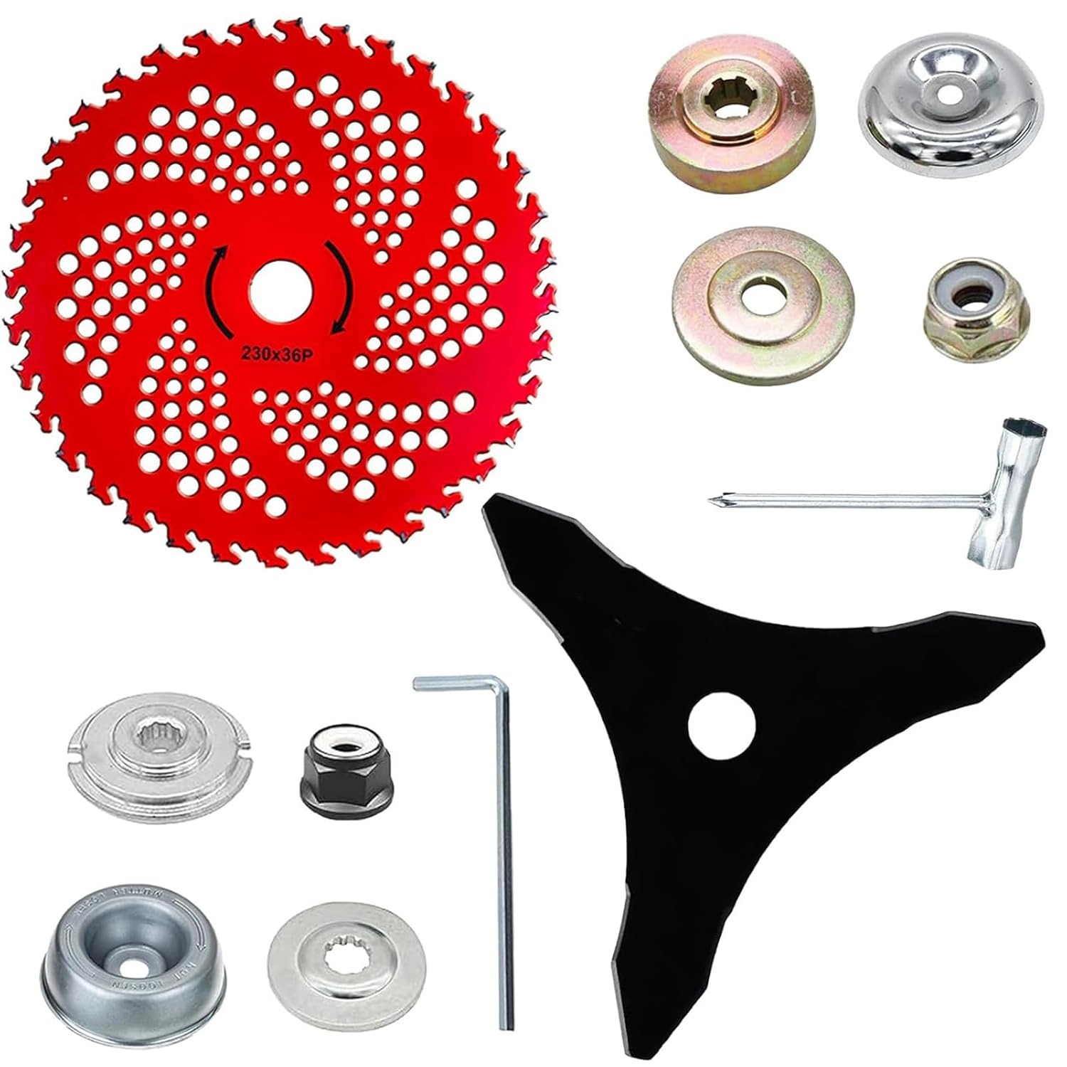 9" 36-Tooth & 10" 3-Tooth Brush Cutter Blade Set with Universal Adapter - Carbide Steel & Carbon Steel Trimmer Blades