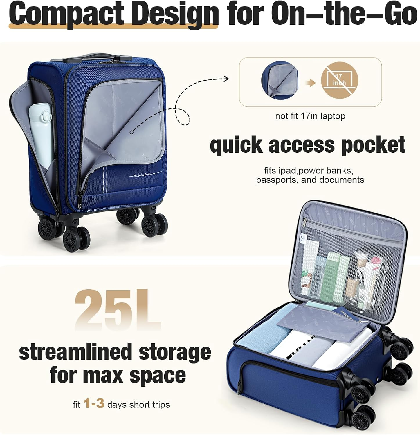 Tonyeee 17 Inch Underseat Carry on Luggage with Removable Wheels, Blue, 17 Inch_Underseat, Underseat Carry on Luggage with Removable Wheels image number 2