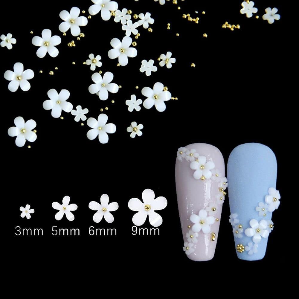 3D Flower Nail Art Charms, 250Pcs White Flowers Nail Rhinestones Kit 3D Crystal Nail Pearls Flat Design Acrylic Nail Art Studs Manicures Nail Accessories for Women Girls image number 3