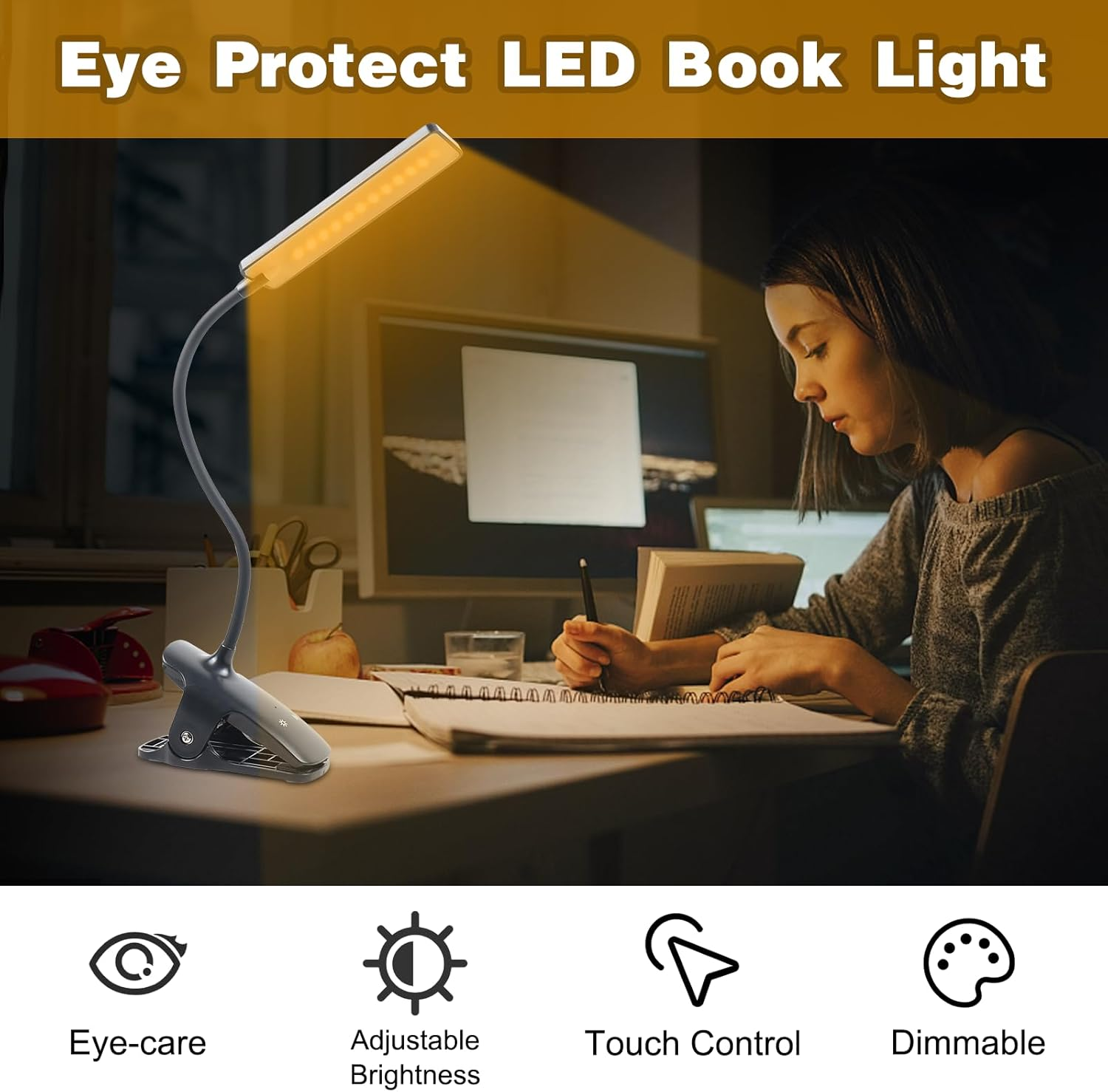Clip-On 3 Mode 24 LED Book Light for Reading, Eye Care Night Light with Flexible Neck, Touch Control, USB Rechargeable Desk Lamp for Music Stand, Travel (Black) - White image number 2