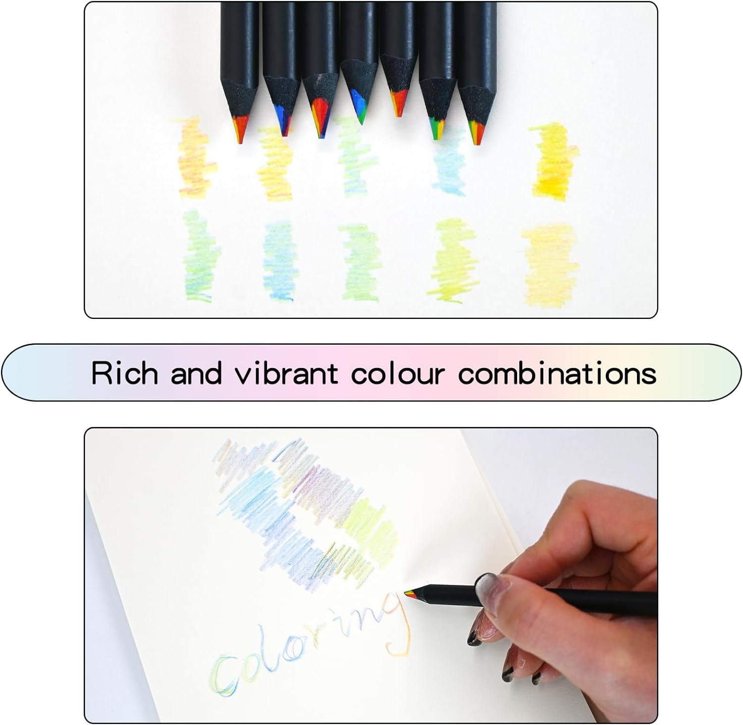 15 PCS Rainbow Colored Pencils, 7-In-1 Coloring Pencil with Sharpener, Black Wooden Multicoloured Colour Pencils, Colorful Pencils for Drawing Coloring Sketching, Cool Fun Art Supplies image number 2