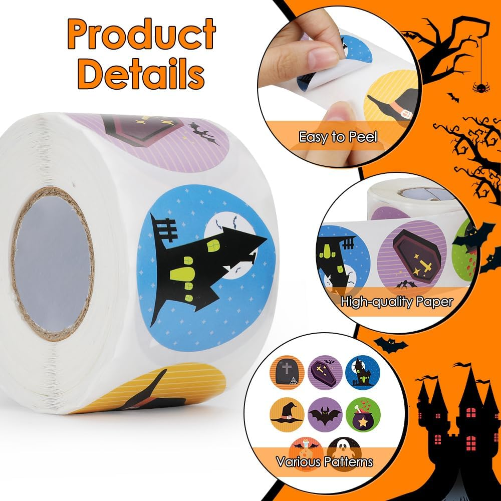 AUTOWT Halloween Stickers, 1000 PCS Halloween Pumpkin Bat Spider Cute Stickers Roll with 16 Patterns, Decorating Stickers for Laptop Water Bottle Crafts Scrapbooking for Adults Teens Gifts