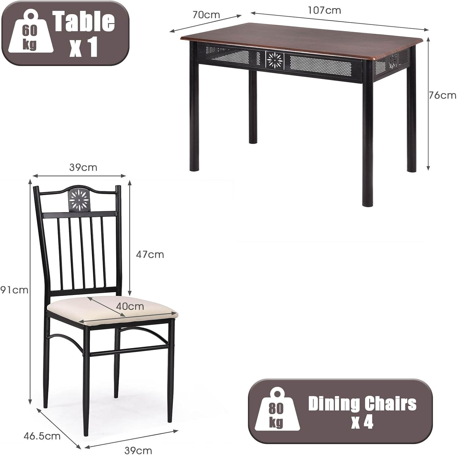 Giantex 5 Pieces Dining Table Set, Modern Kitchen Table Set for 4 Person, Rectangular Table W/ 4 Upholstered Chairs, Bistro Table Set for Home, Coffee Shop & Restaurant, Black image number 4