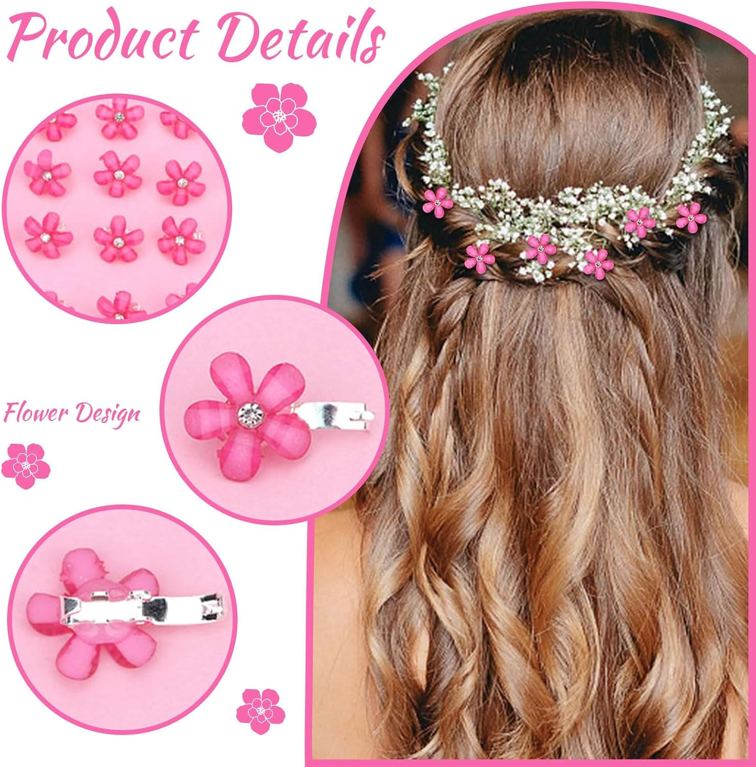 Mezrkuwr Pack of 10 Bright Pink Mini Flowers Hair Clips with Rhinestones, Cute Hair Clips, Flower Hairpins, Decorative Hair Clips, Wedding Hair Clips Hair Accessories image number 2