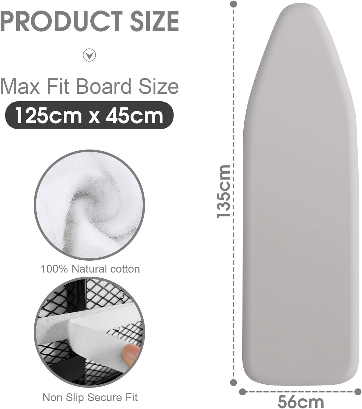 Chamgeco Ironing Board Cover and Pad 56X135Cm, Standard Cotton Iron Pad Cover with Thick Padding, Scorch & Stain-Resistant Thick Padding with Elastic Edge, Heat Reflective Coating, Durable (Gray) - Grey image number 3