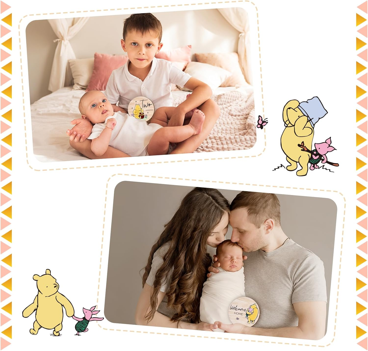 Winnie Baby Milestone Cards, Wooden Cirles Discs for Baby Photo Prop with Announcement & Hello World Sign - 8Pcs Double Sided Markers for Baby Shower Nursery Gift image number 2