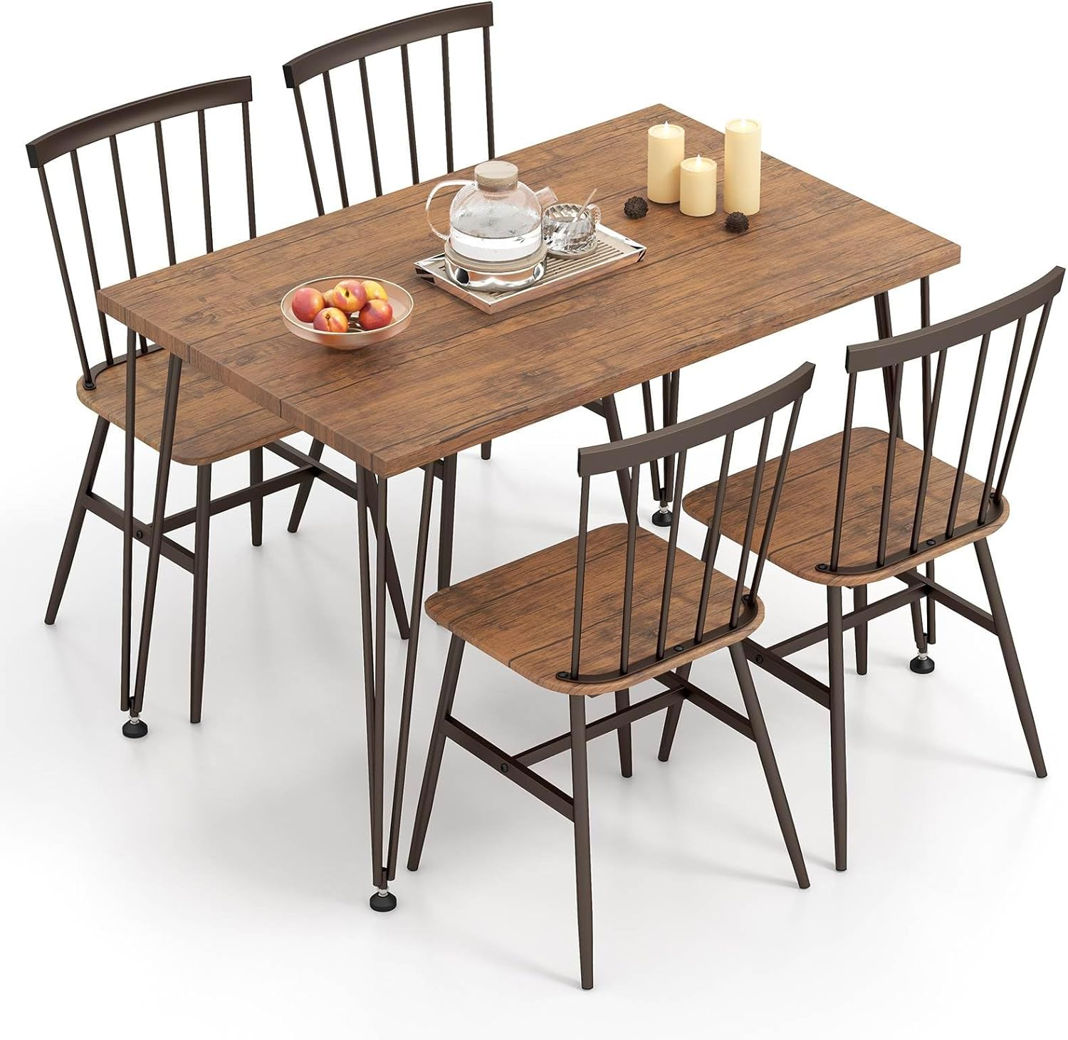 Giantex 5Pcs Dining Table Set for 4, Modern Kitchen Dining Room Furniture Set W/Kitchen Table, 4 Chairs, 360&deg; Swivel Feet, Metal Frame, Dinette Set for Small Place Home Office Breakfast Nook (Walnut)