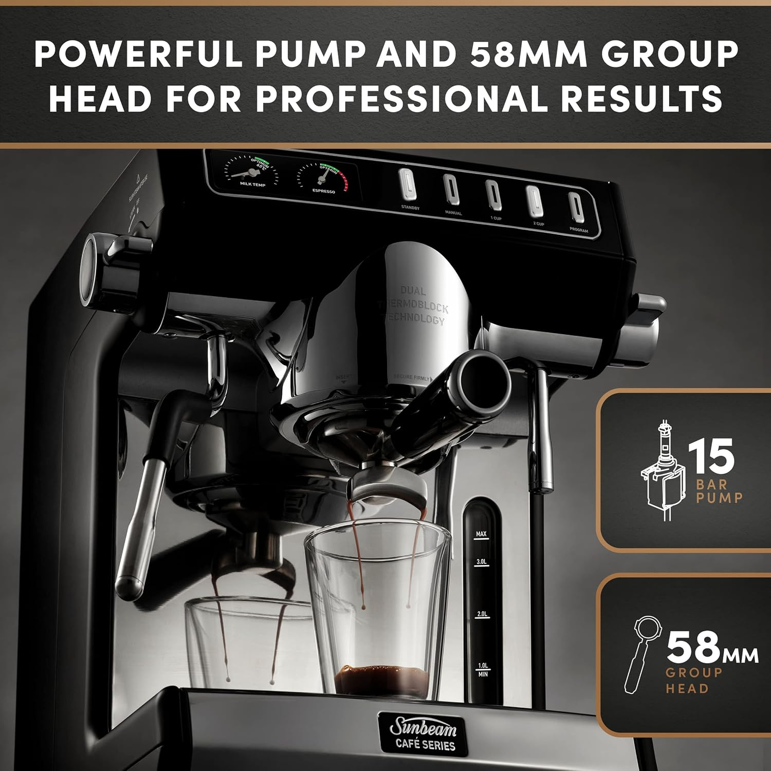 Sunbeam Caf&eacute; Series Duo Manual Espresso Coffee Machine| 58Mm Commercial Size Group Head, Fast Heat-Up Dual Thermoblock Heating System, Steam Pressure & Hot Water Control, EMM7200BK image number 3