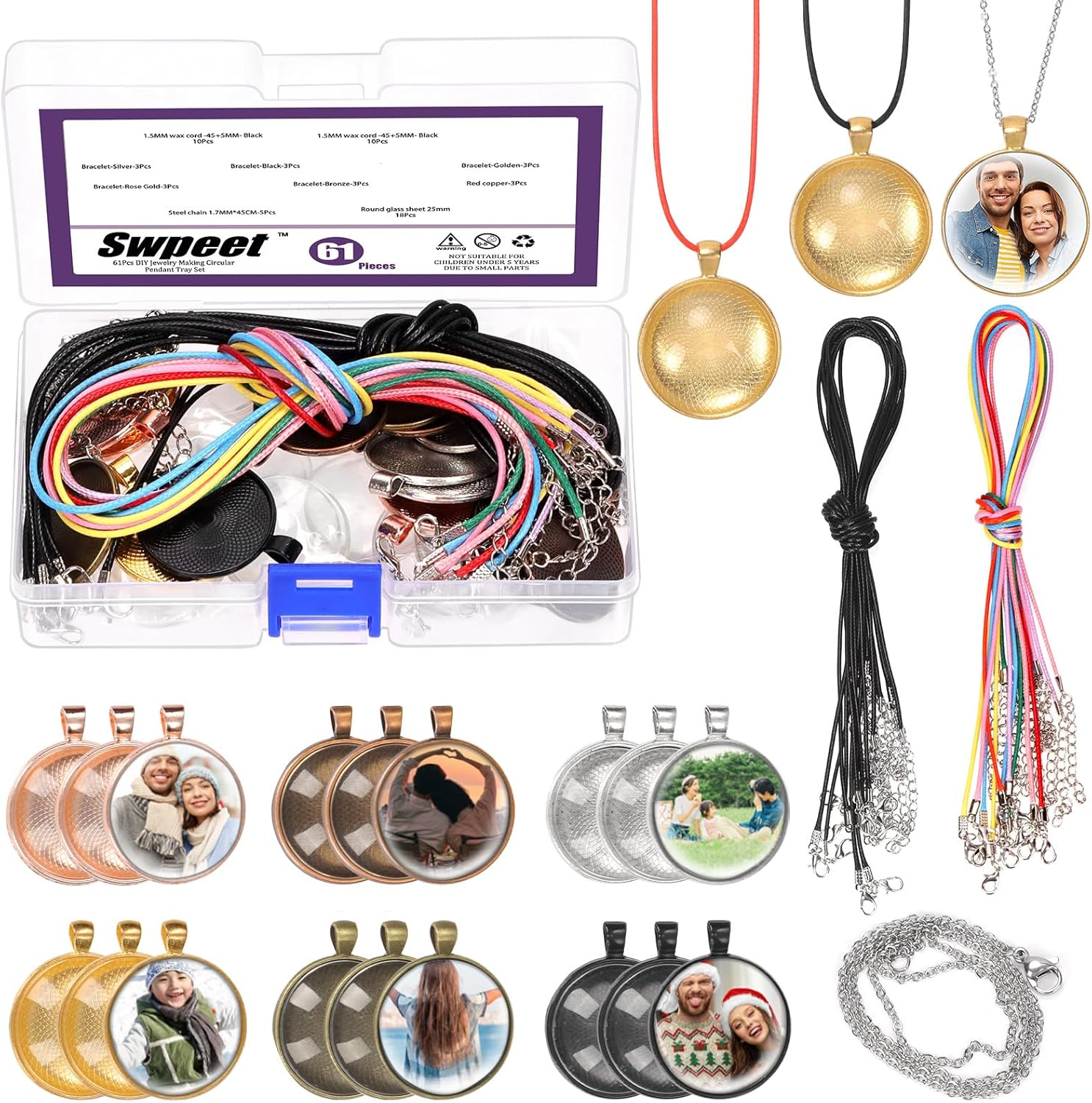 Swpeet 61Pcs 6 Colors round Pendant Trays Set for Jewelry Making, 30Mm round Bezel Pendant Trays, Clear Glass Cabochons, Chain and Waxed Necklace Cord for Photo Pendant image number 3