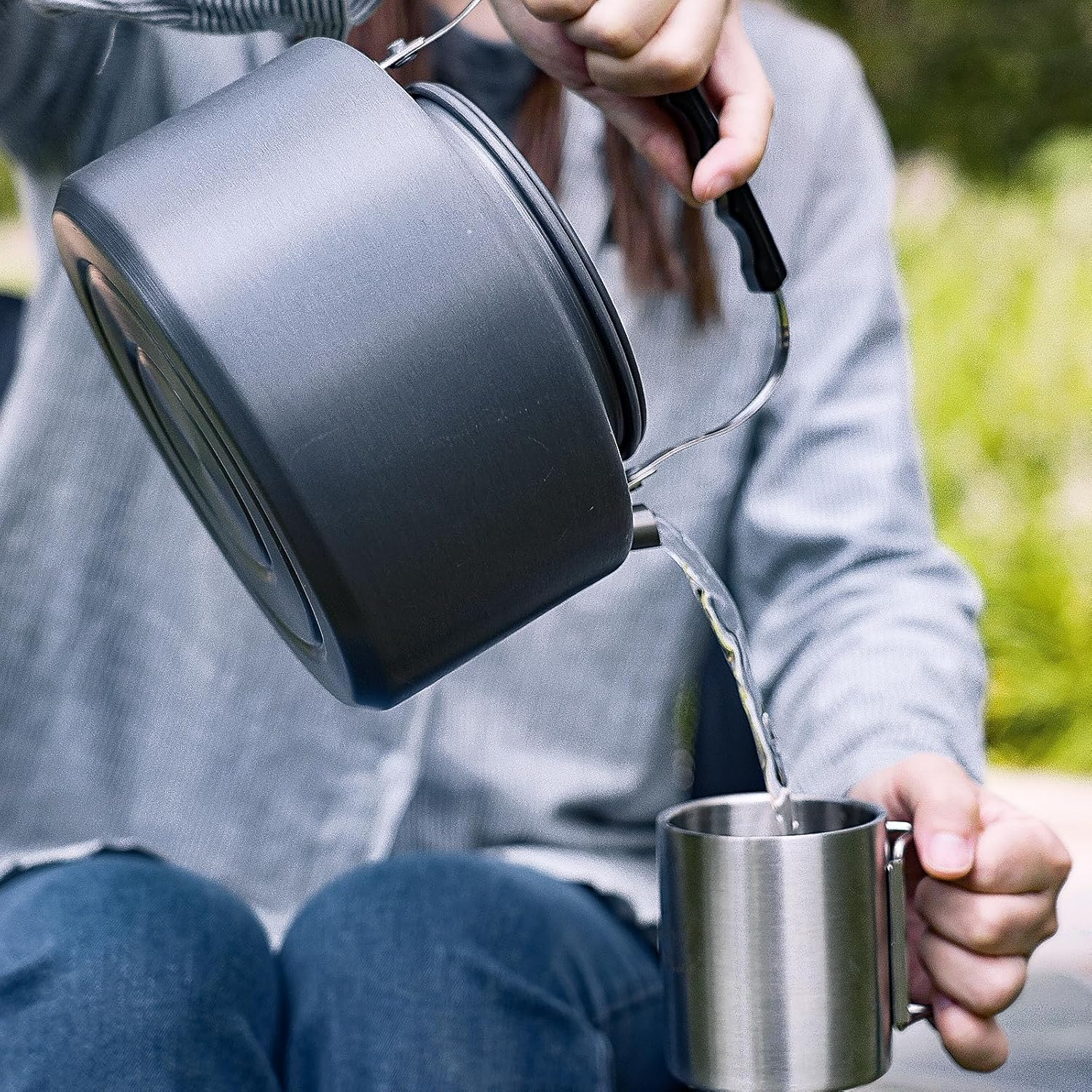 Bulin 2.2 L Camping Tea Kettle with 2 Cups Kettle Outdoor Stainless Steel Cup with Lid and Foldable Handle for Outdoor Picnic Hiking image number 3