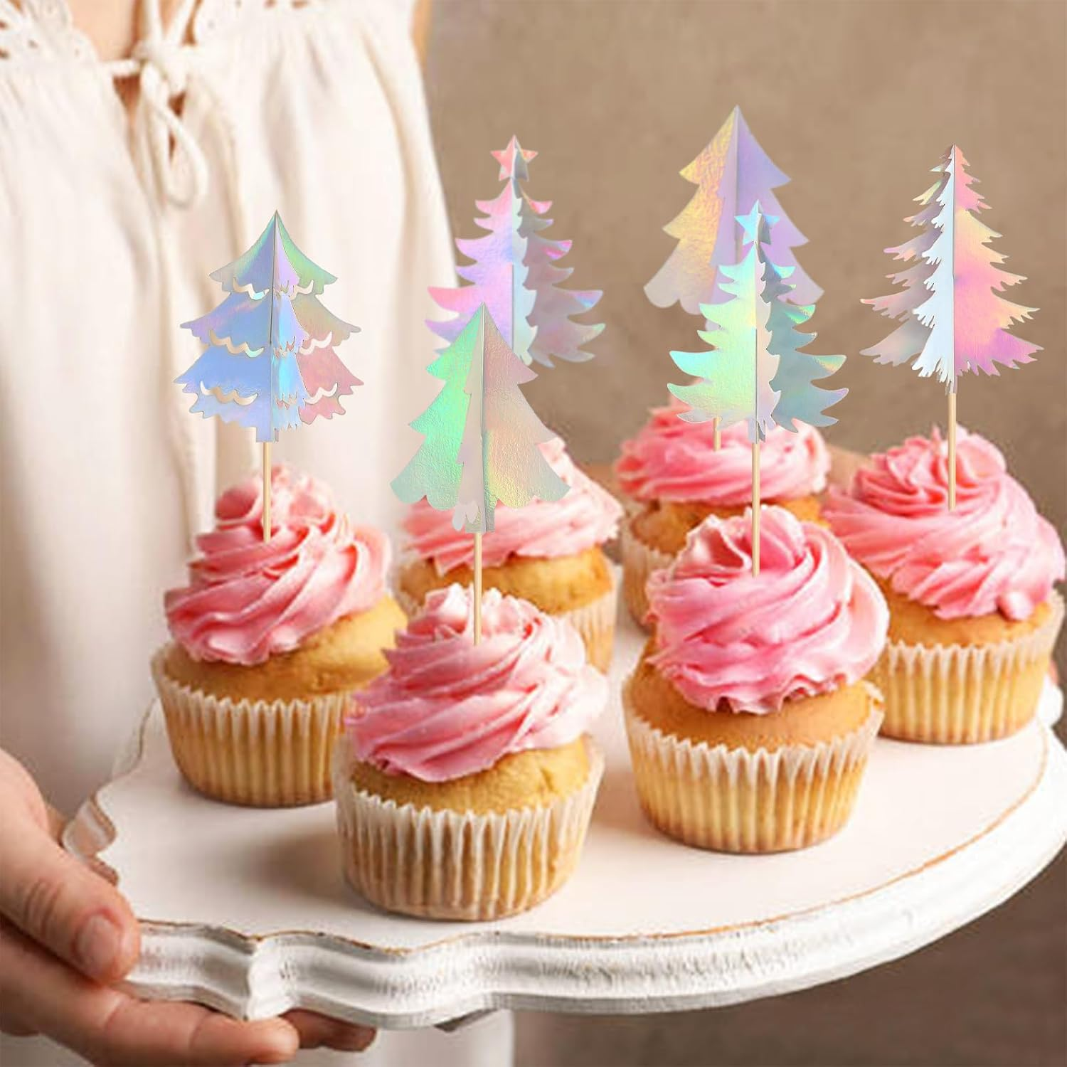 24 Pack 3D Tree for Woodland Theme Party Decoration Xmas Christmas Cupcake Picks Backdrop Tree Garland Decor for Birthday Party Baby Shower Christmas New Year Party Decorations Sliver image number 3