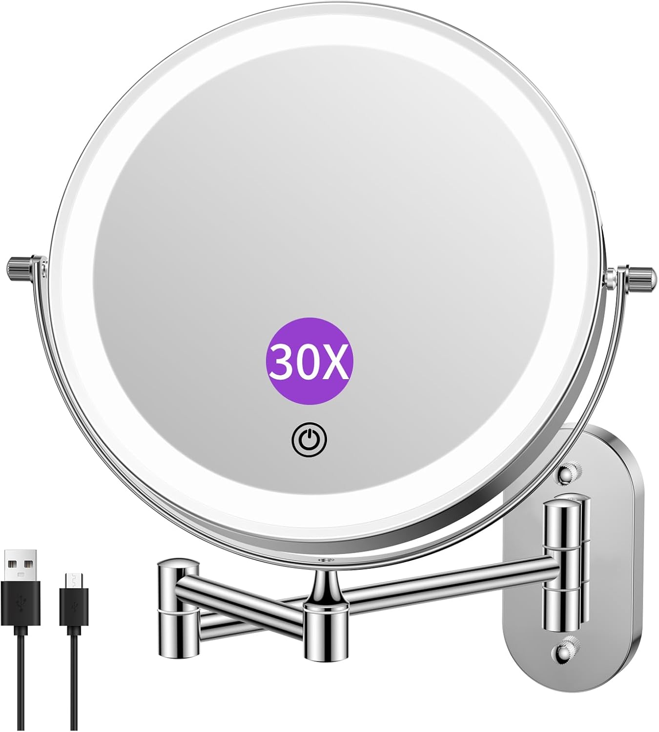 FUNTOUCH Rechargeable Cosmetic Mirror with Lighting, 1 X 20X Mirror Magnification Wall Mounting, Dimmable Shaving Mirror 3 Colours, Touch Screen, 360&deg; Rotatable, Makeup Mirror for Bathroom