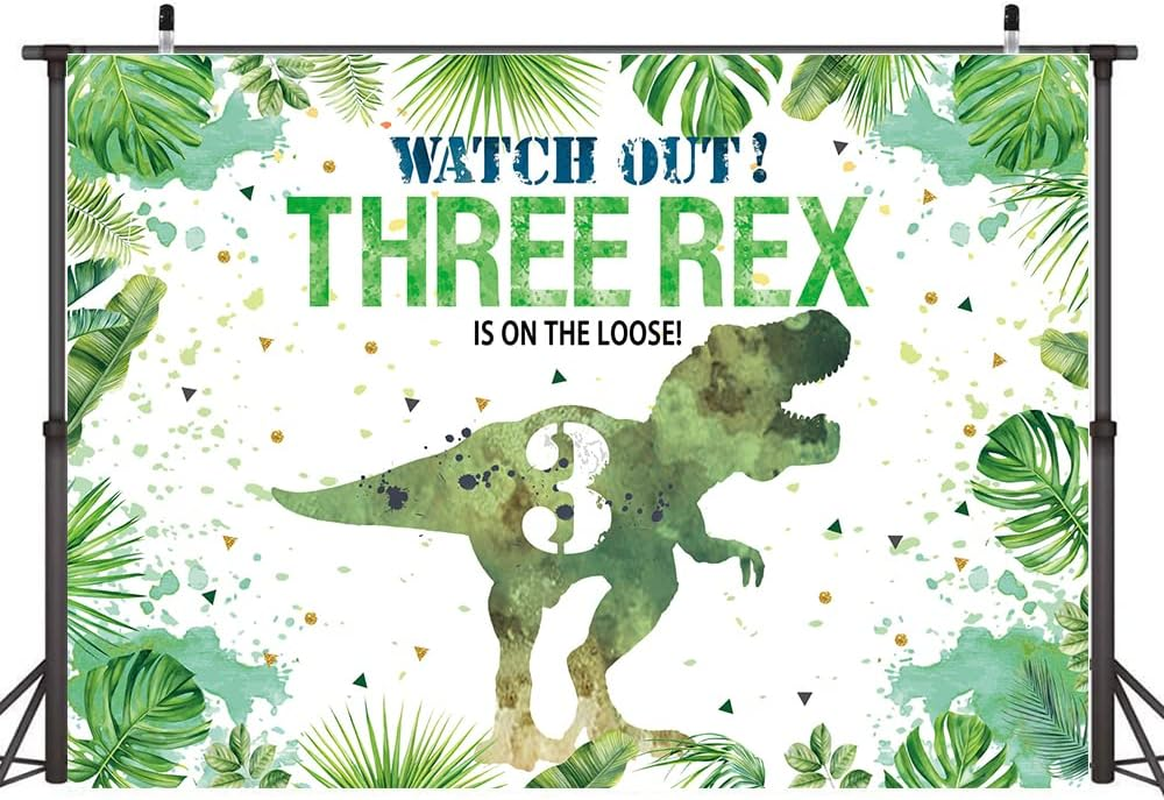 Hilioens 7&times;5Ft Three-Rex Birthday Backdrop for Boys Dinosaur 3Rd Birthday Green Leaf Background 3 Years Old Dinosaur Theme Party Banner Decorations image number 4