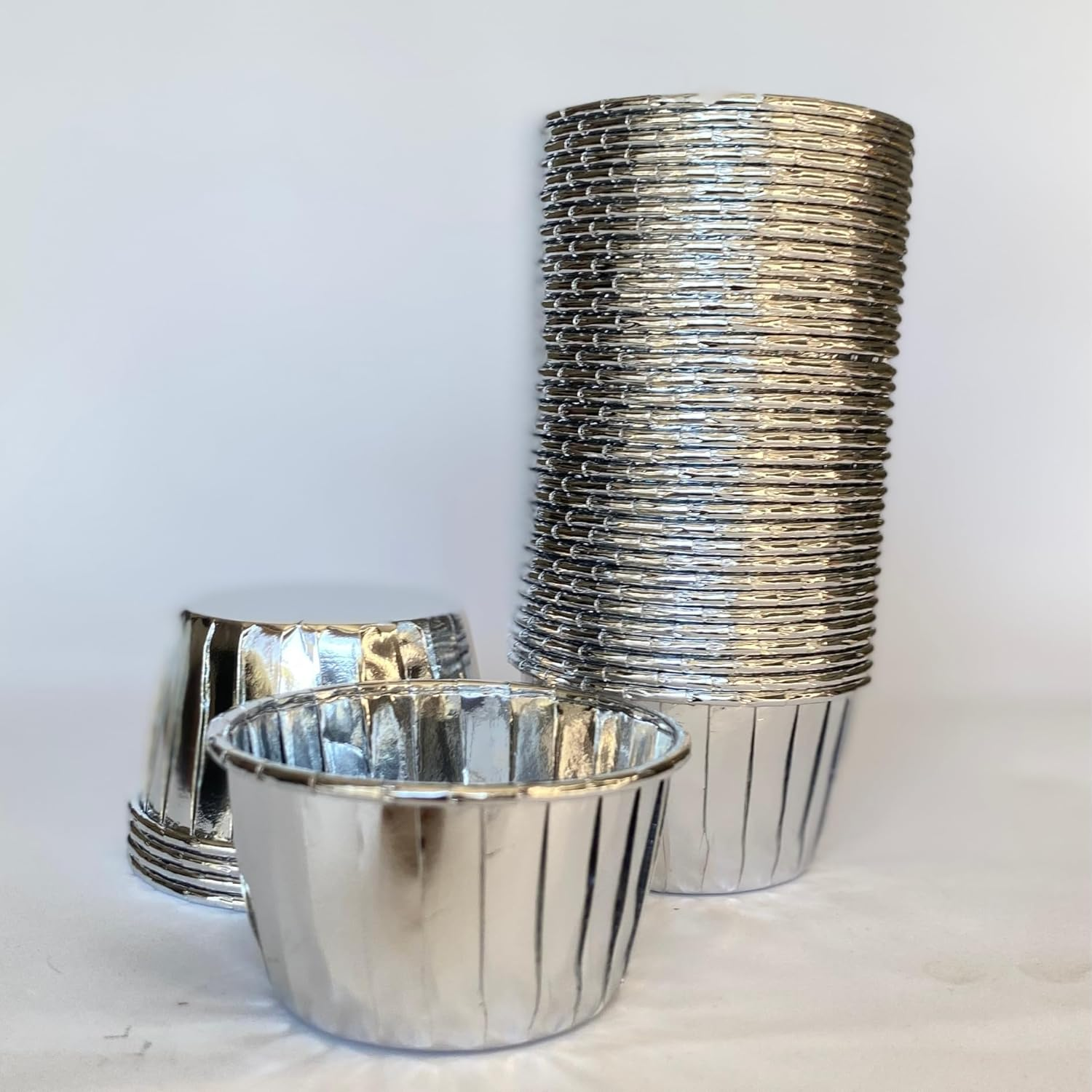 Silver Cupcake Baking Cup Cases, 100 Pieces Muffin Lined Wrapper Papers for Desserts, Little Cakes, Snacks & Muffins, Leakproof Ramekin Foil Patty Pans (Silver)