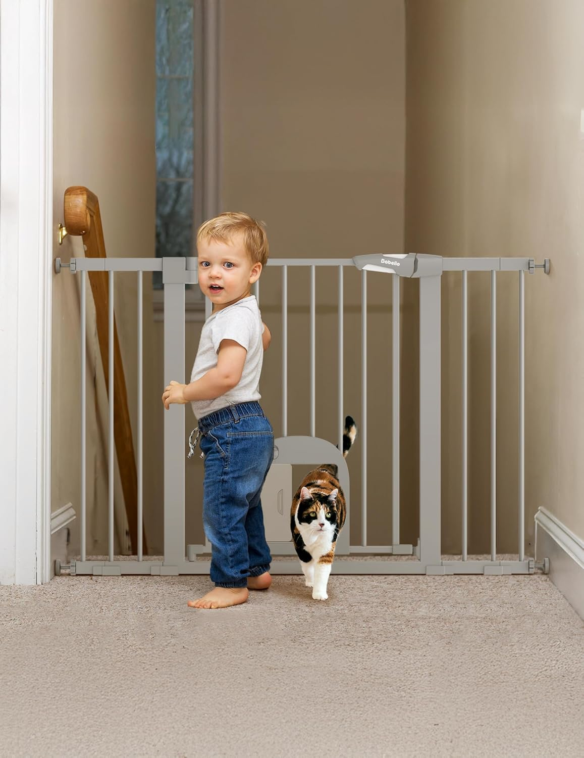 Babelio Upgraded Baby Gate with Cat Door, 73.7-109 CM Auto Close Durable Dog Gate for Stairs, Doorways and House, Easy Walk Thru Safety Gate with Pet Door Includes 4 Wall Cups, White