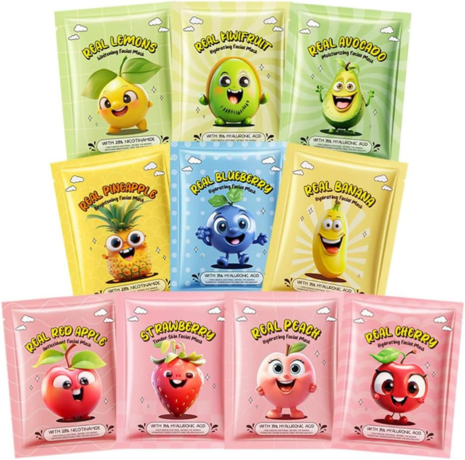 10 Pack Fruit Face Mask,Facial Mask for Kids Skin Care Moisturize,Brighten Soothe Spa Party Face Mask Set for Women Men Girls Nourish for All Skin Types image number 1