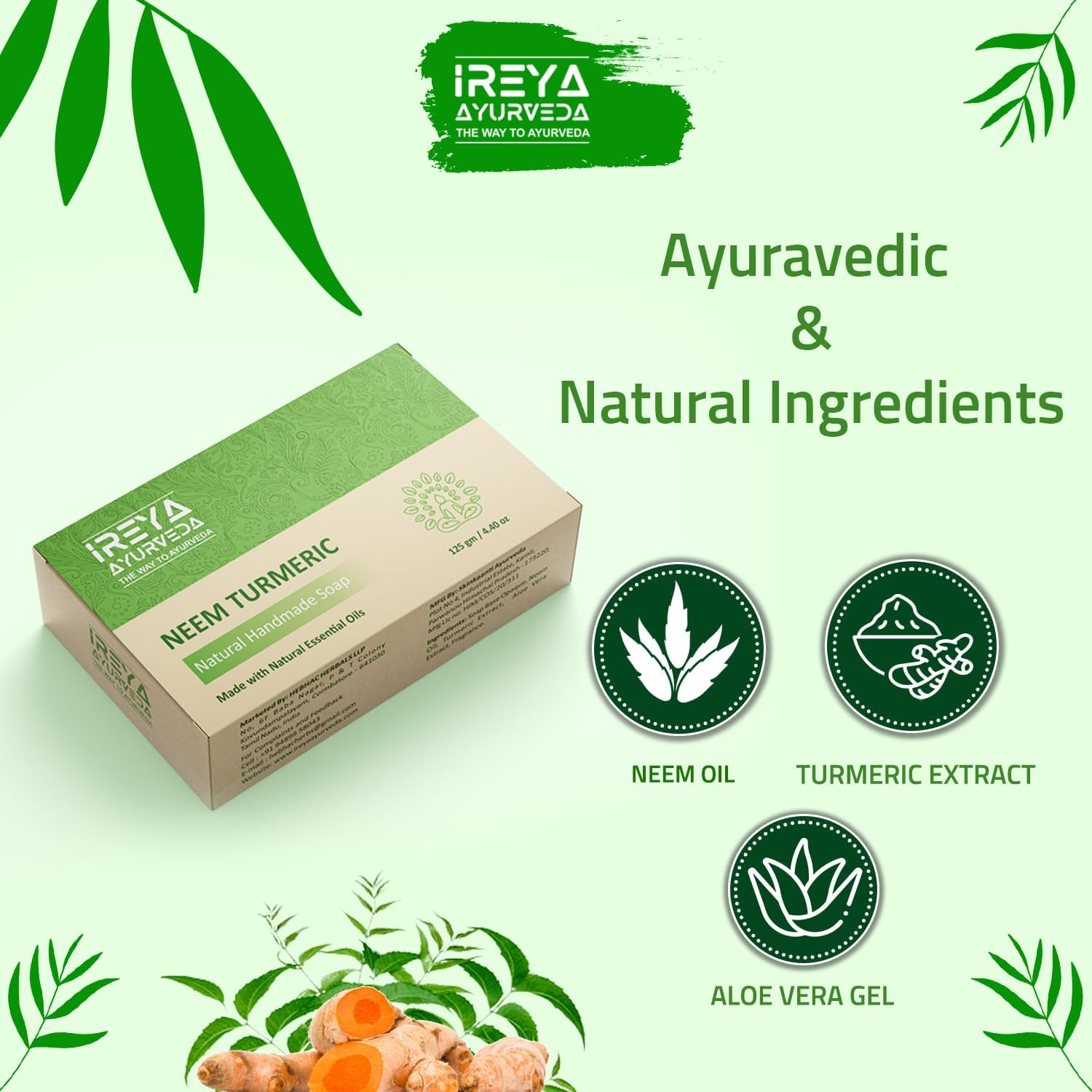 Ireya Ayurveda Neem Turmeric Soap - Ayurvedic Natural Cleansing Soap Free from Parabens, Sls and Gluten Free, Vegan, 125 G Pack of 1 image number 1