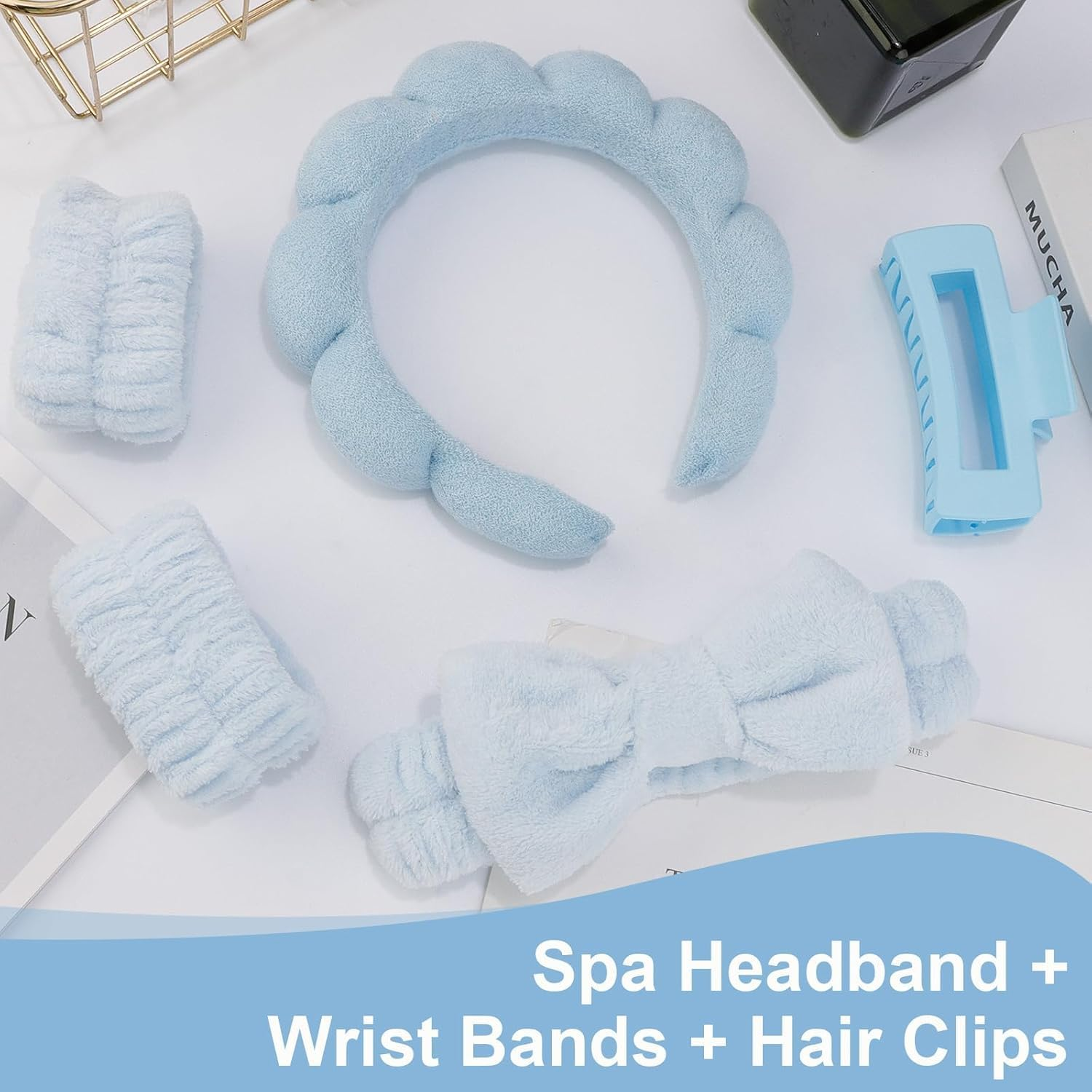 Blue Spa Headband and Wristband Set for Skincare, Prevent Water Slipping and Keep Hair Away with 2 Styles (Blue) - Geiwogwc image number 1