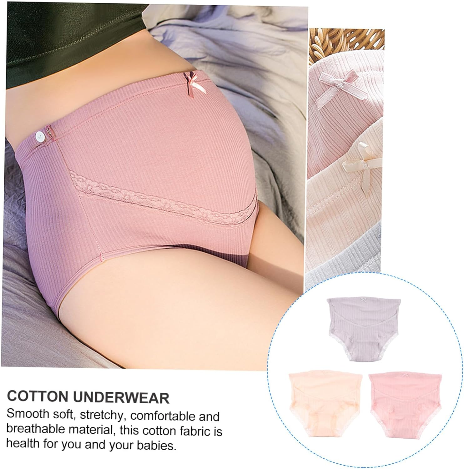 Baluue 3Pcs Maternity High Waist Cotton Panties for Pregnant Women Adjustable Waistband Comfortable Everyday Wear Underwear image number 2