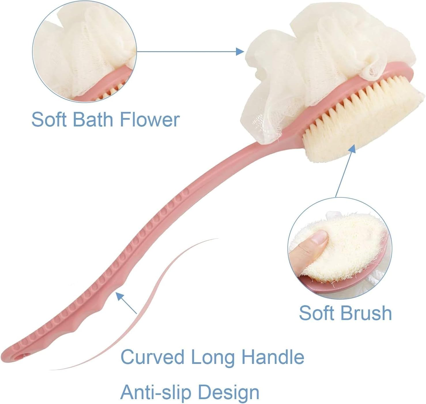 2 Pack Body Brush Back Scrubber for Shower Bath Back Scrubber with Soft Loofah and Bristles Back Scrubber Bath Mesh with Curved Long Handle Suitable for Wet or Dry, Women and Men (Pink，Blue, One Size) image number 2