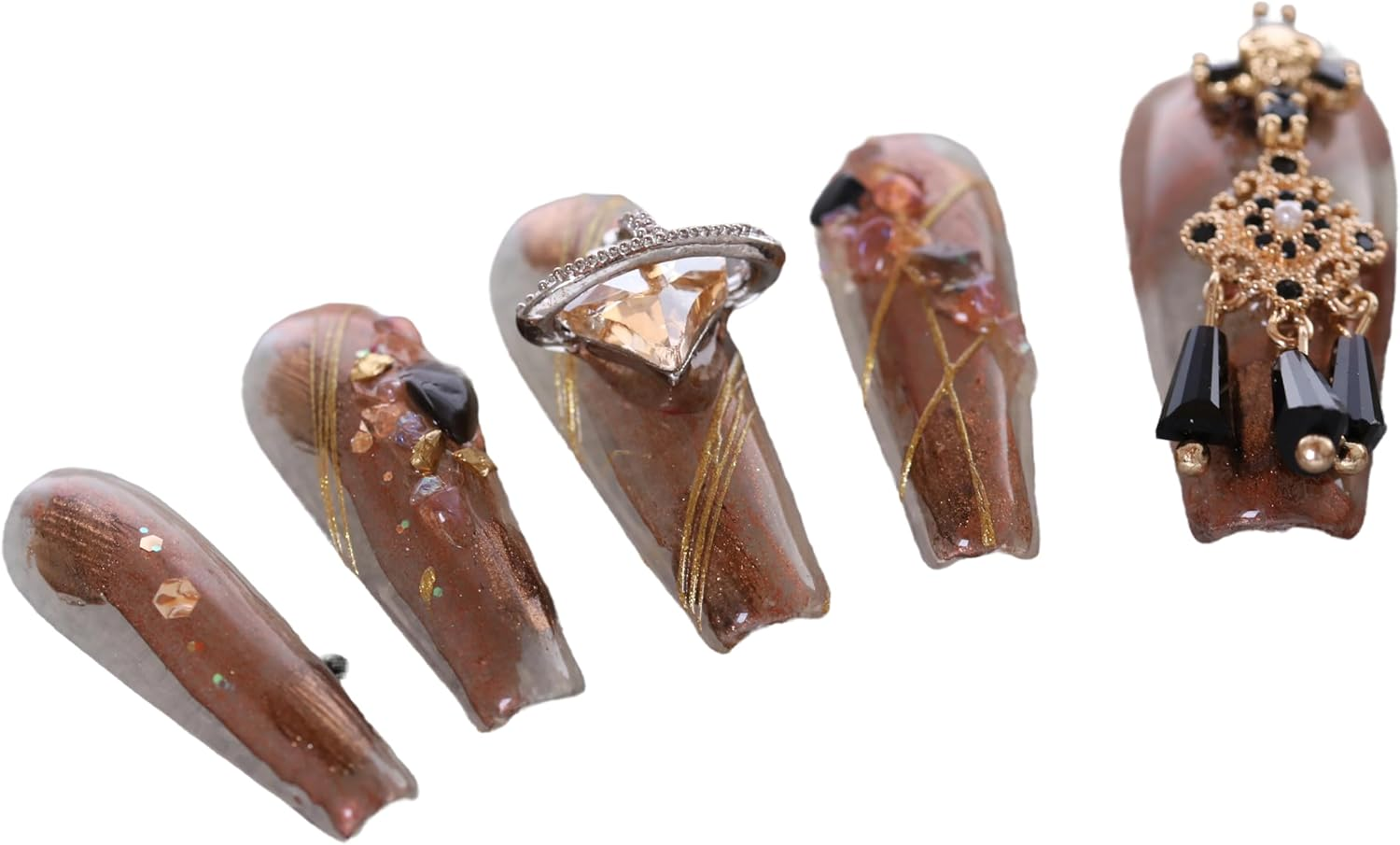 PN-023 Press-On Nails Varnished Pack of 10 Reusable Artificial Premium Nails Desert Rose Wings Transparent Brown image number 3