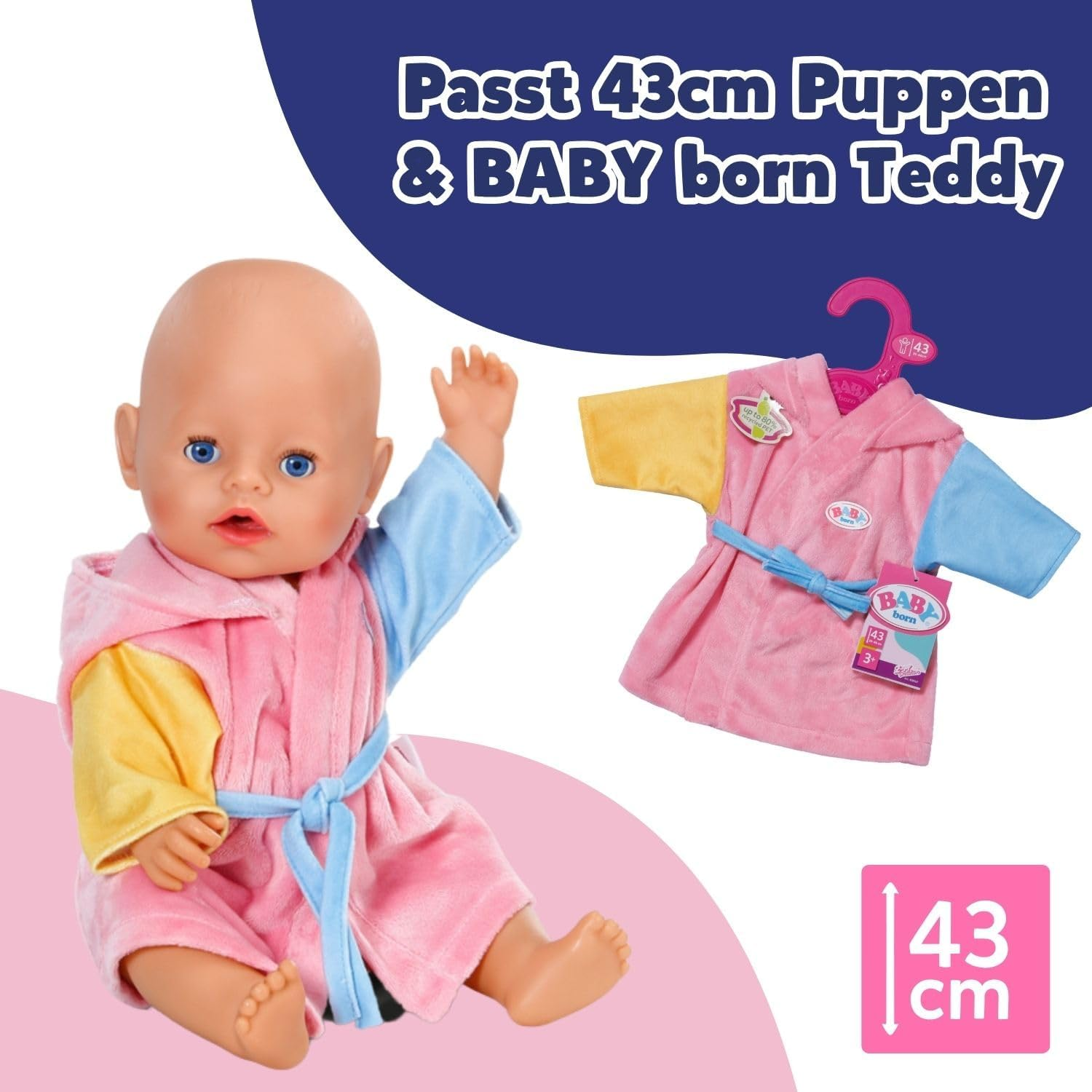 BABY Born Bathrobe with 2 Different Coloured Sleeves, Pink Robe for 43Cm Dolls, 838167 Zapf Creation image number 6