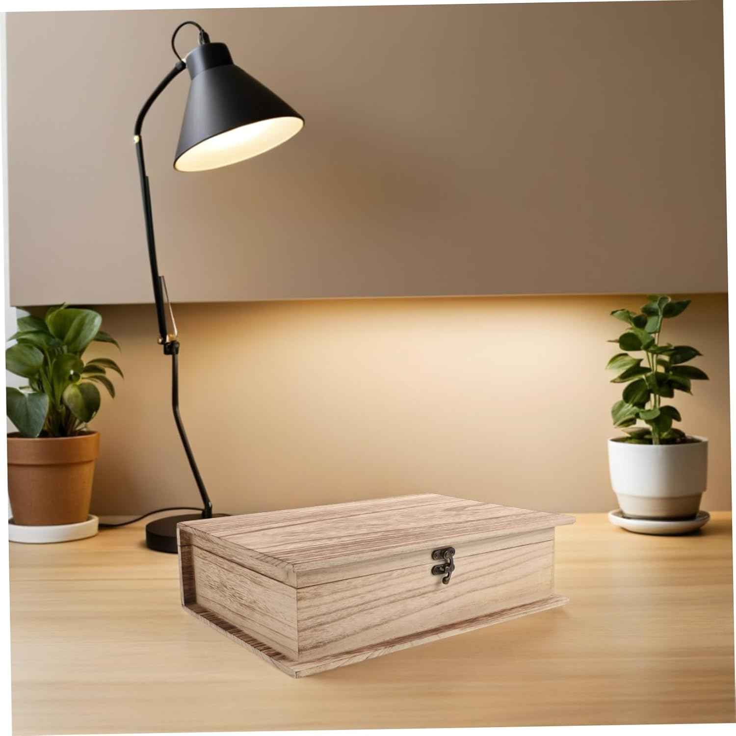 2Pcs Classic Book Shape Wood Trinket Case Lock Large Jewelry Box for Cards Storage Natural Wood Decor image number 6