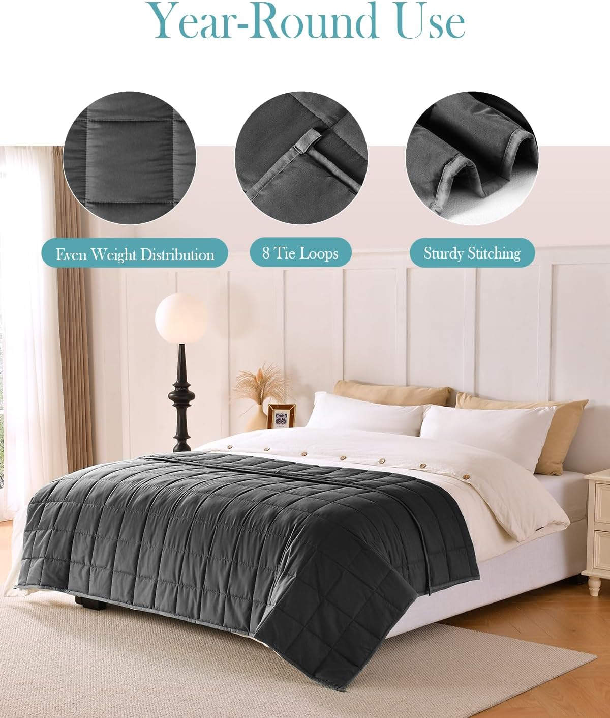 BUZIO Weighted Blanket for Adults - All Season Cooling and Warmth, Breathable Fabric Blanket Weighted for Sleeping Sofa Bed, Great for People with Sleep Stress 150 X 200 Cm, 9 Kg, Black image number 3