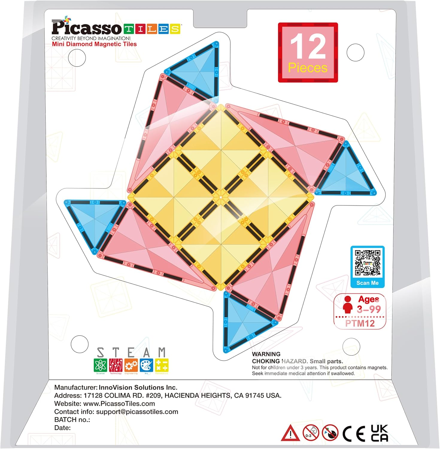 Picassotiles 12Pc Magnet Tile Building Blocks Mini Diamond Series Magnetized Toy Travel Size Compact Portable Magnetic Construction Block STEM Sensory Toy Early Education Learning Kids Ages 3+ PTM12 image number 2