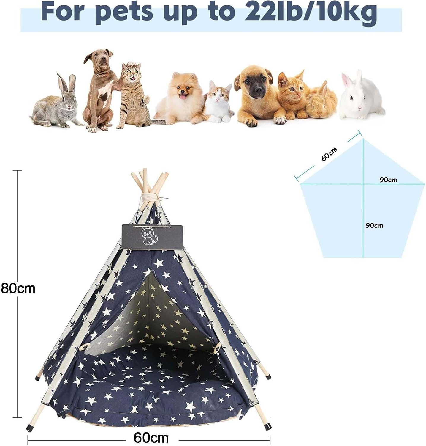 Pet Teepee Tent 60 Cm &ndash; Portable Indoor Dog and Cat Bed with Plush Cushion, Washable Navy Blue Stars Pattern Tent House, Ideal for Puppies and Kittens
