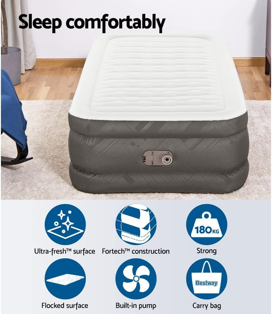 Bestway Single Air Mattress with AC Pump, Camping Inflatable Bed Beds Blow up Sleeping Airbed Indoor Outdoor Hiking Travel Holiday Car Airbeds, Carry Bag Pillow Flocked Surface Black image number 1
