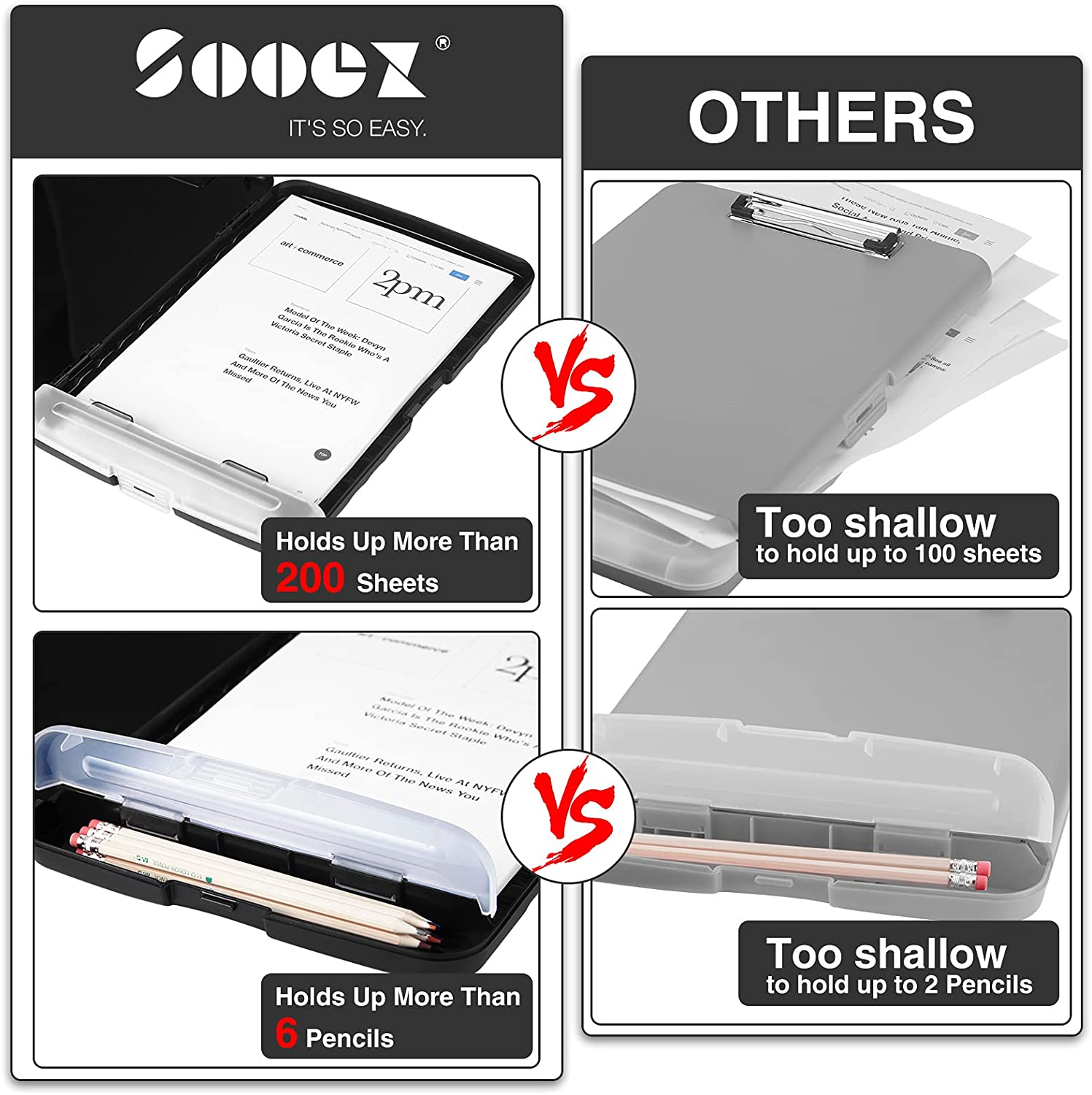Sooez Clipboard with Storage, High Capacity Nursing Clipboards with Pen Holder, Heavy Duty Plastic Storage Clipboard with Low Profile Clip, Clipboard Folder Side-Opening, Smooth Writing for Office image number 2