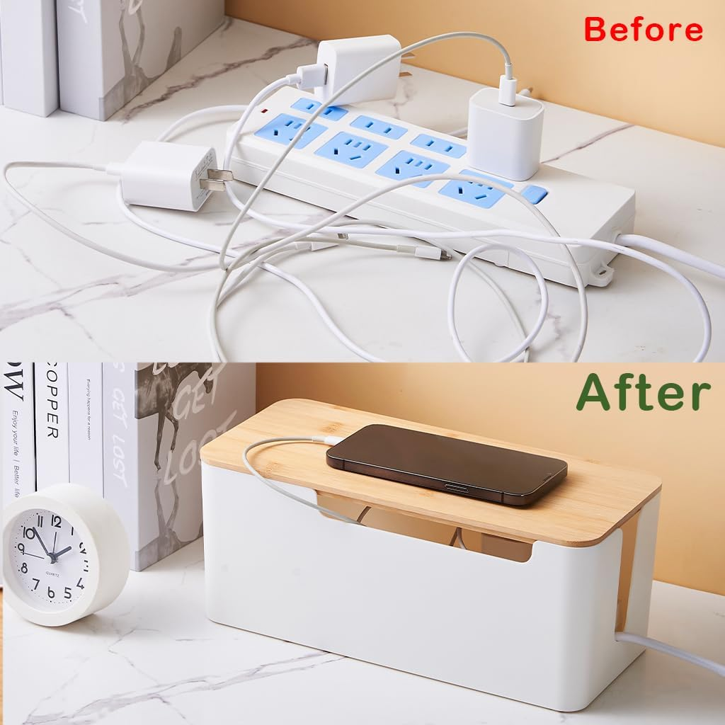 [Set of 2] Wood Cover Cable Management Box Set, Wire Ties Included to Organize Desk Cord Cables, Hide TV Computer Wires, Power Strips, USB Hub to Make Your Home, Office Neat and Clean (White) image number 1