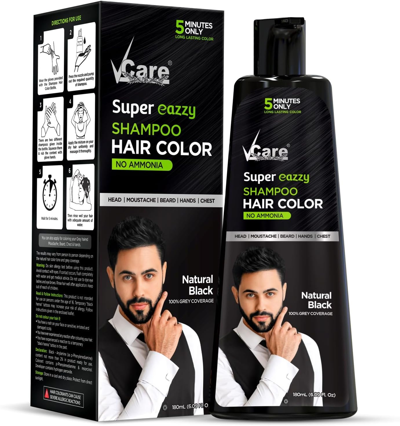 Vcare Super Eazzy Hair Colour Shampoo for Women and Men 180Ml | Only 5 Minute Root Hair Dye Coloring Kit Head, Moustache, Beard, Hands, Chest | No Parabens, Ammonia and Sulfates (Natural Black) image number 3