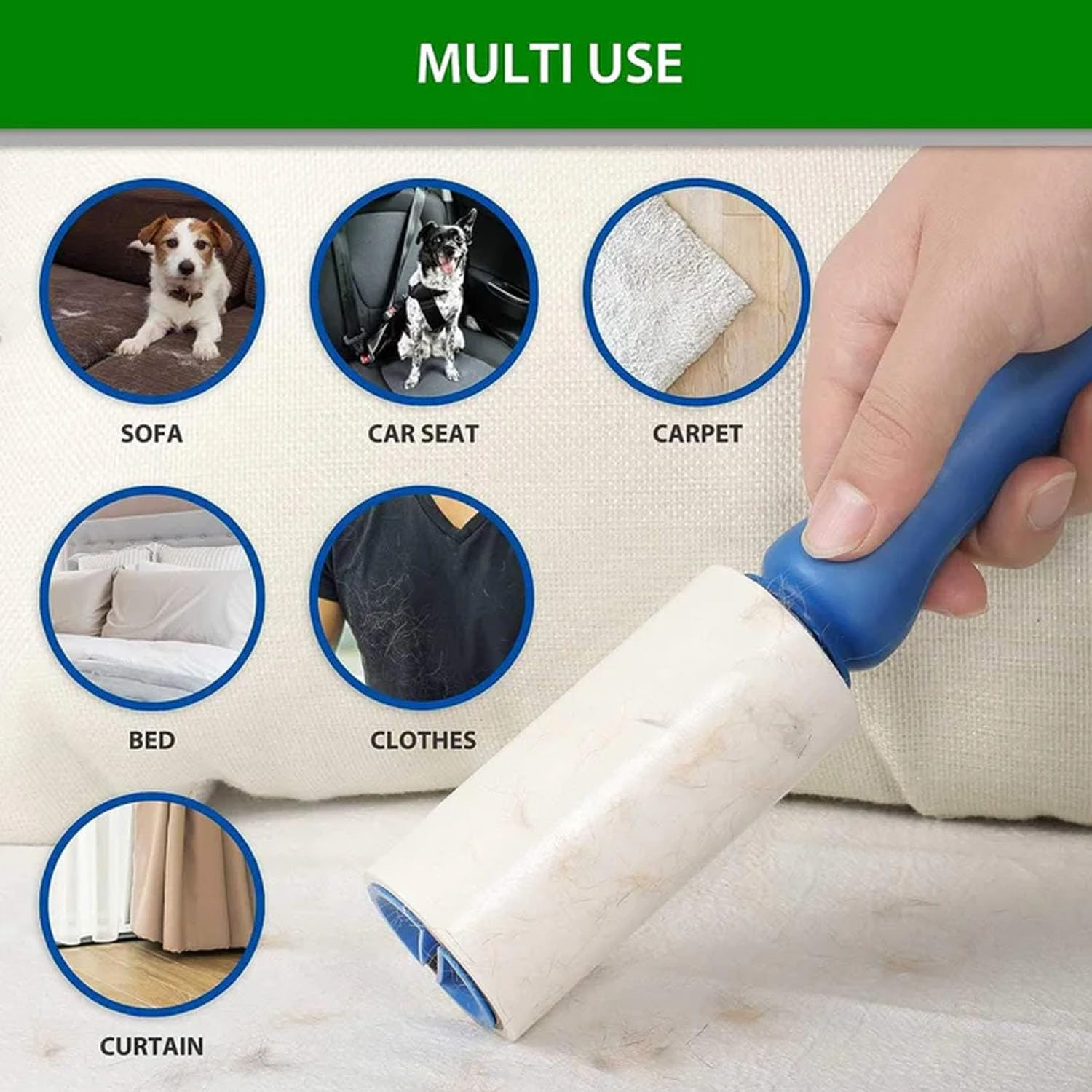 EZONEDEAL Lint Rollers, Pet Dog Cat Hair Remover Clothes Car Dust Cleaning, Pet Lint Sticky Lint Remover for Clothes Furniture, Easy Peel Sticky Hair Clean Roller 1 Handle with 8 Refills image number 3